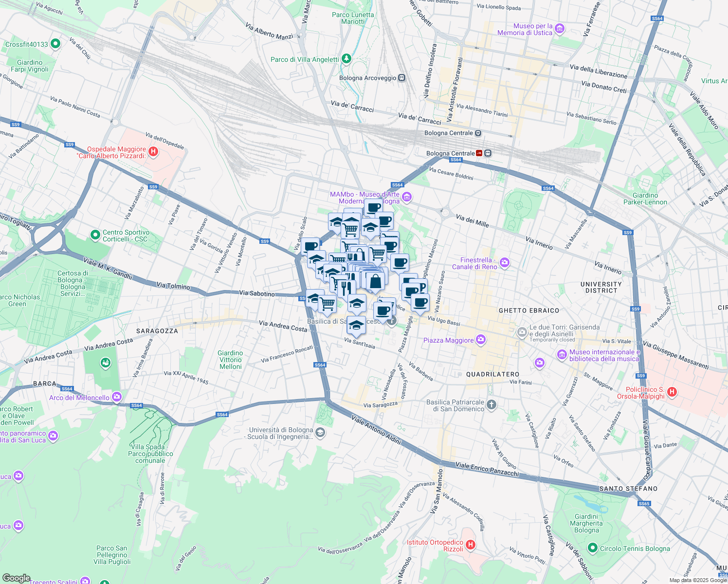 map of restaurants, bars, coffee shops, grocery stores, and more near 52 Via San Felice in Bologna