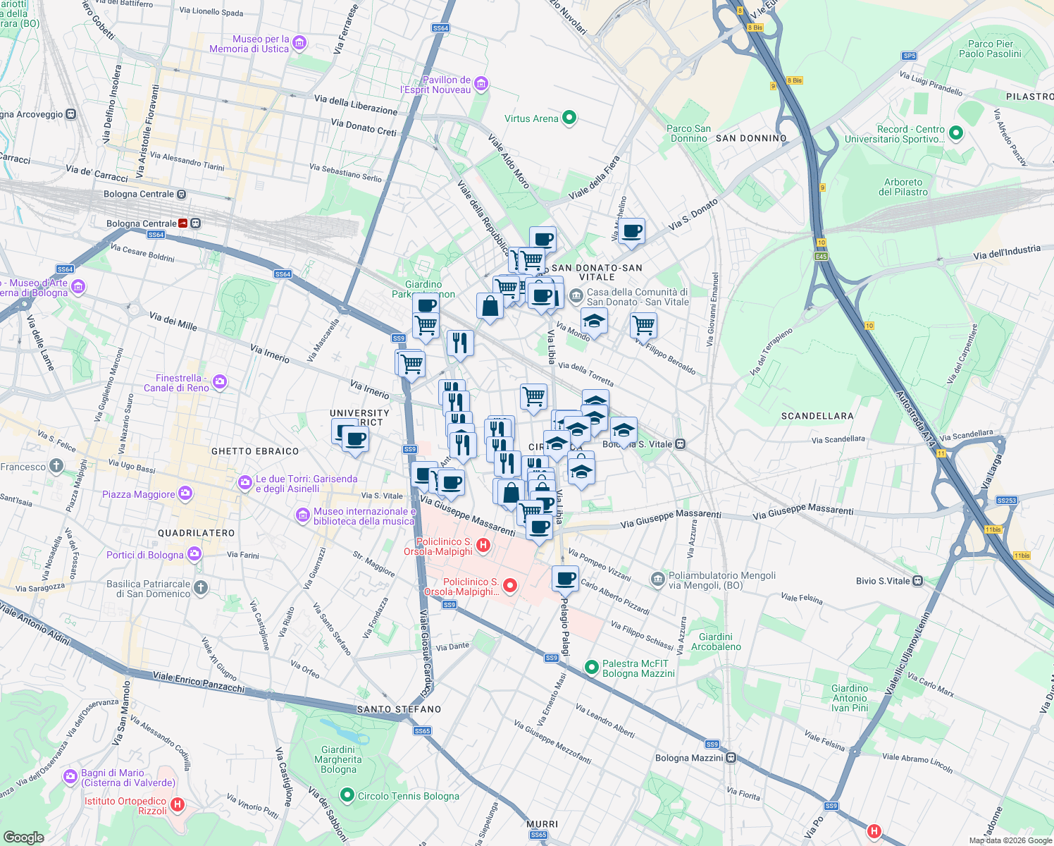 map of restaurants, bars, coffee shops, grocery stores, and more near 64-70 Via Giuseppe Bentivogli in Bologna
