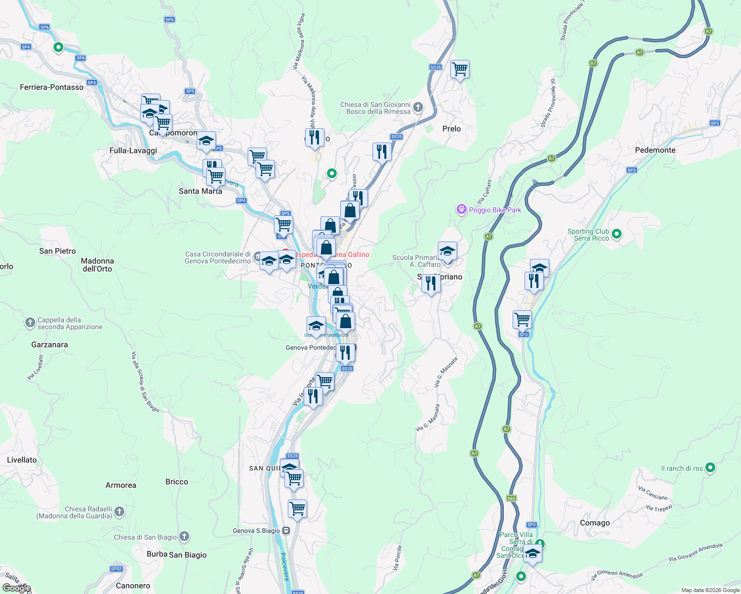 map of restaurants, bars, coffee shops, grocery stores, and more near 25 Via Pietro Dellepiane in Pedemonte