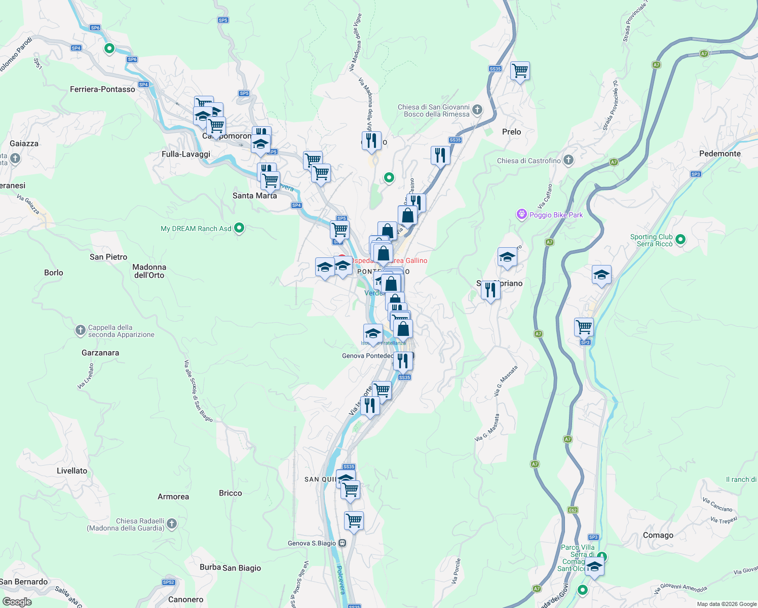 map of restaurants, bars, coffee shops, grocery stores, and more near Passerella dei Frati Cappuccini in Genova