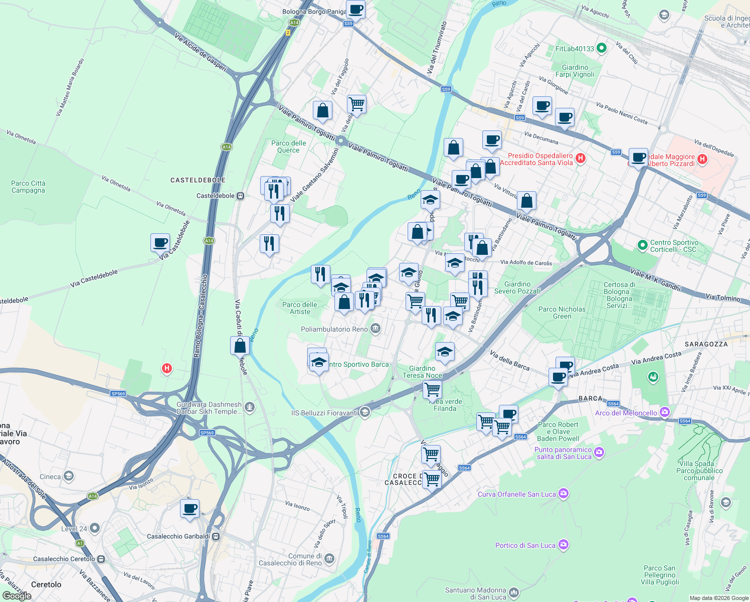 map of restaurants, bars, coffee shops, grocery stores, and more near 4 Via Leonardo Da Vinci in Bologna