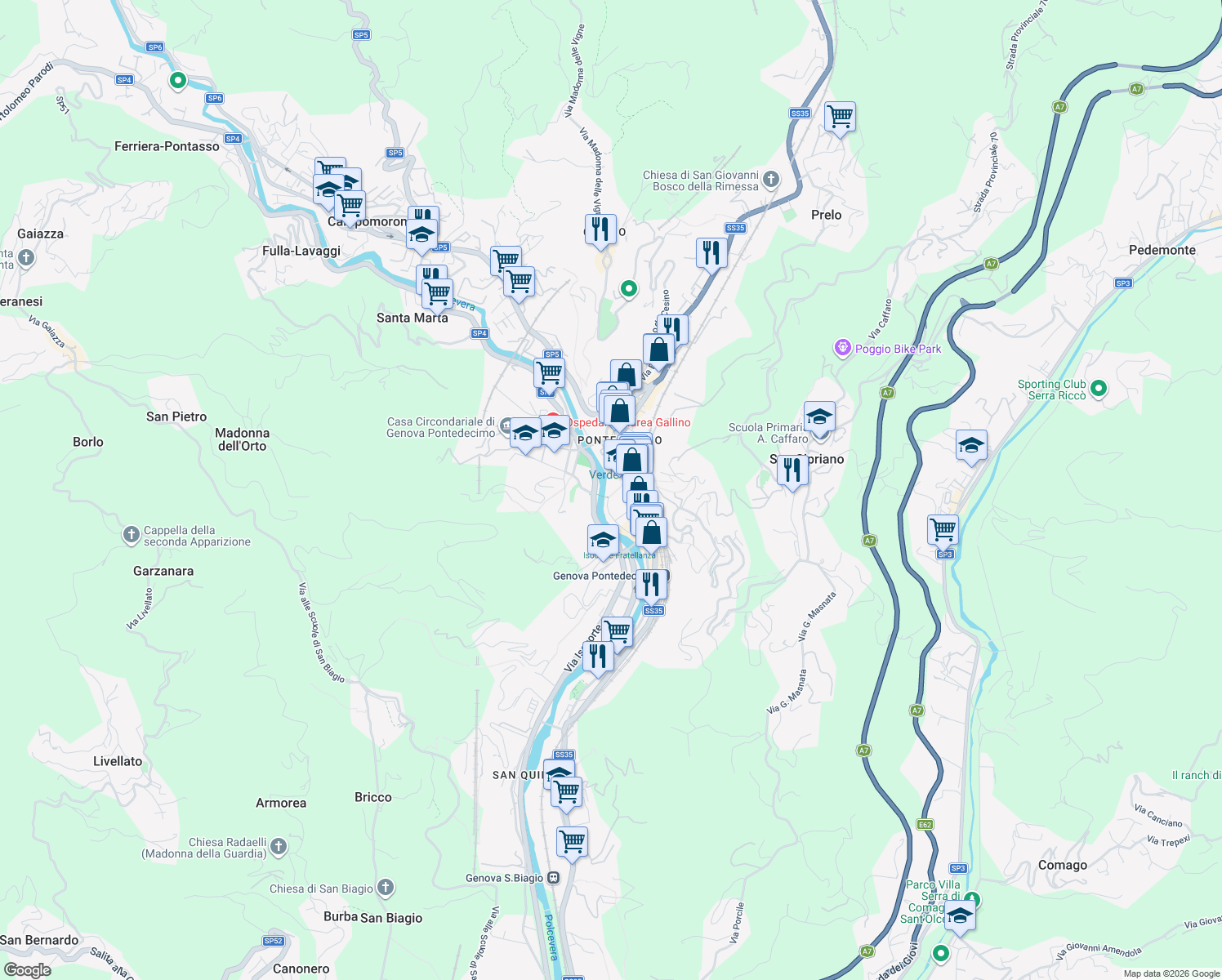 map of restaurants, bars, coffee shops, grocery stores, and more near Passerella dei Frati Cappuccini in Genoa