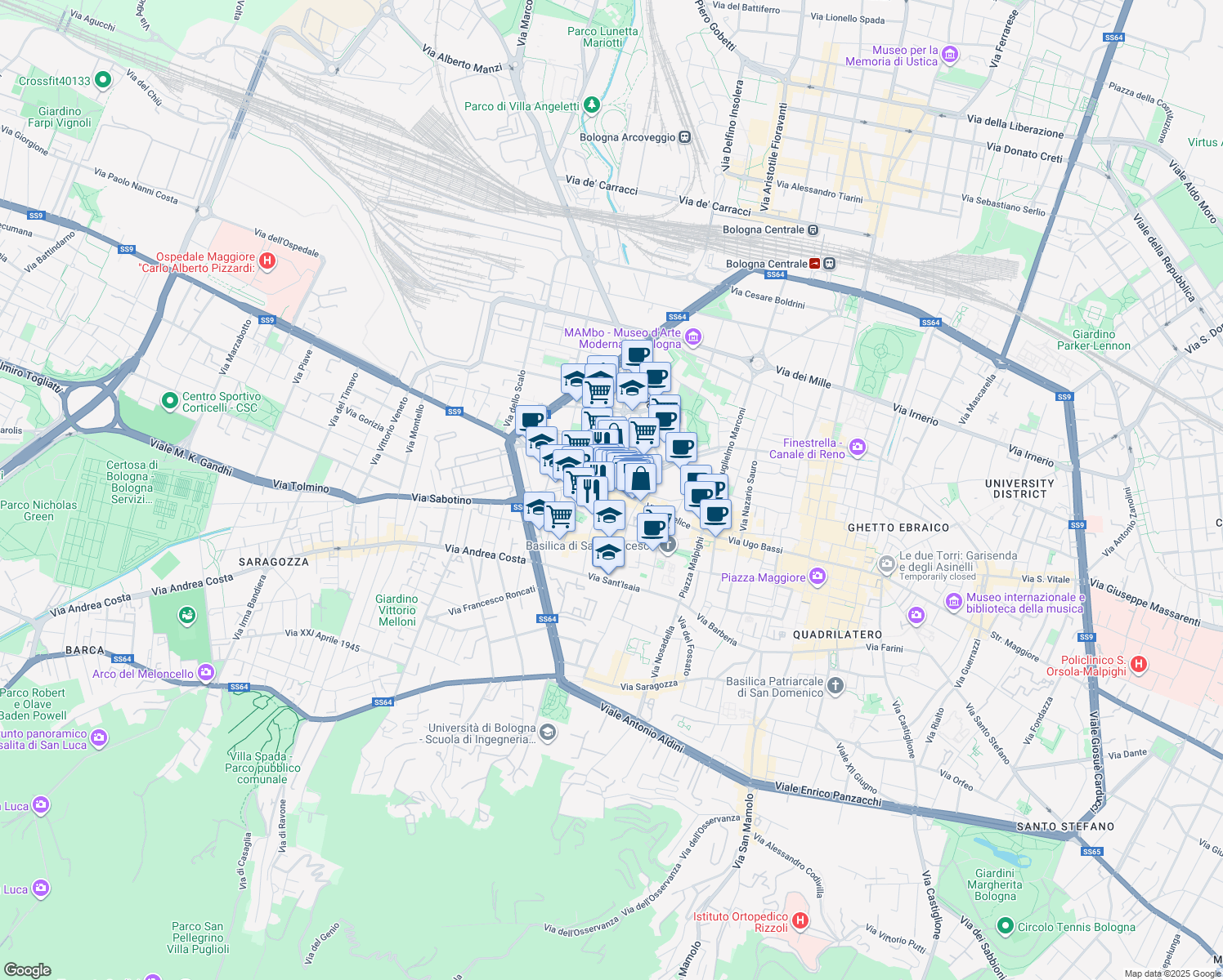 map of restaurants, bars, coffee shops, grocery stores, and more near 52 Via San Felice in Bologna