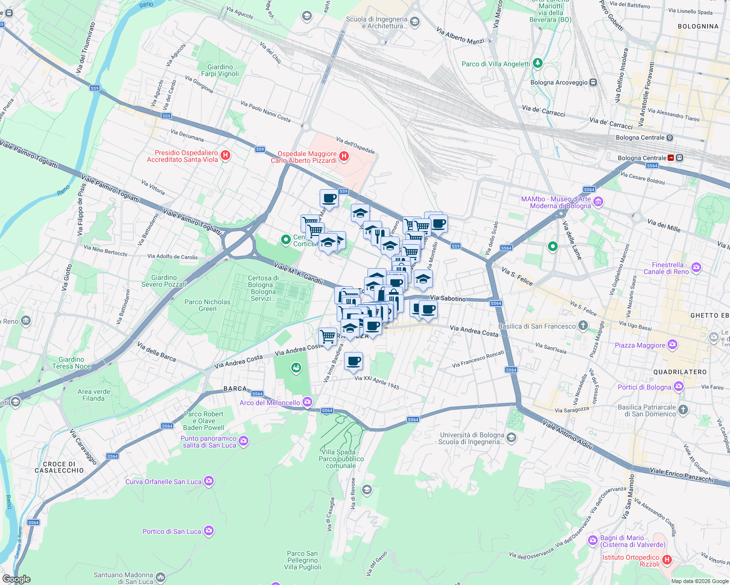 map of restaurants, bars, coffee shops, grocery stores, and more near 24 Via Tolmino in Bologna