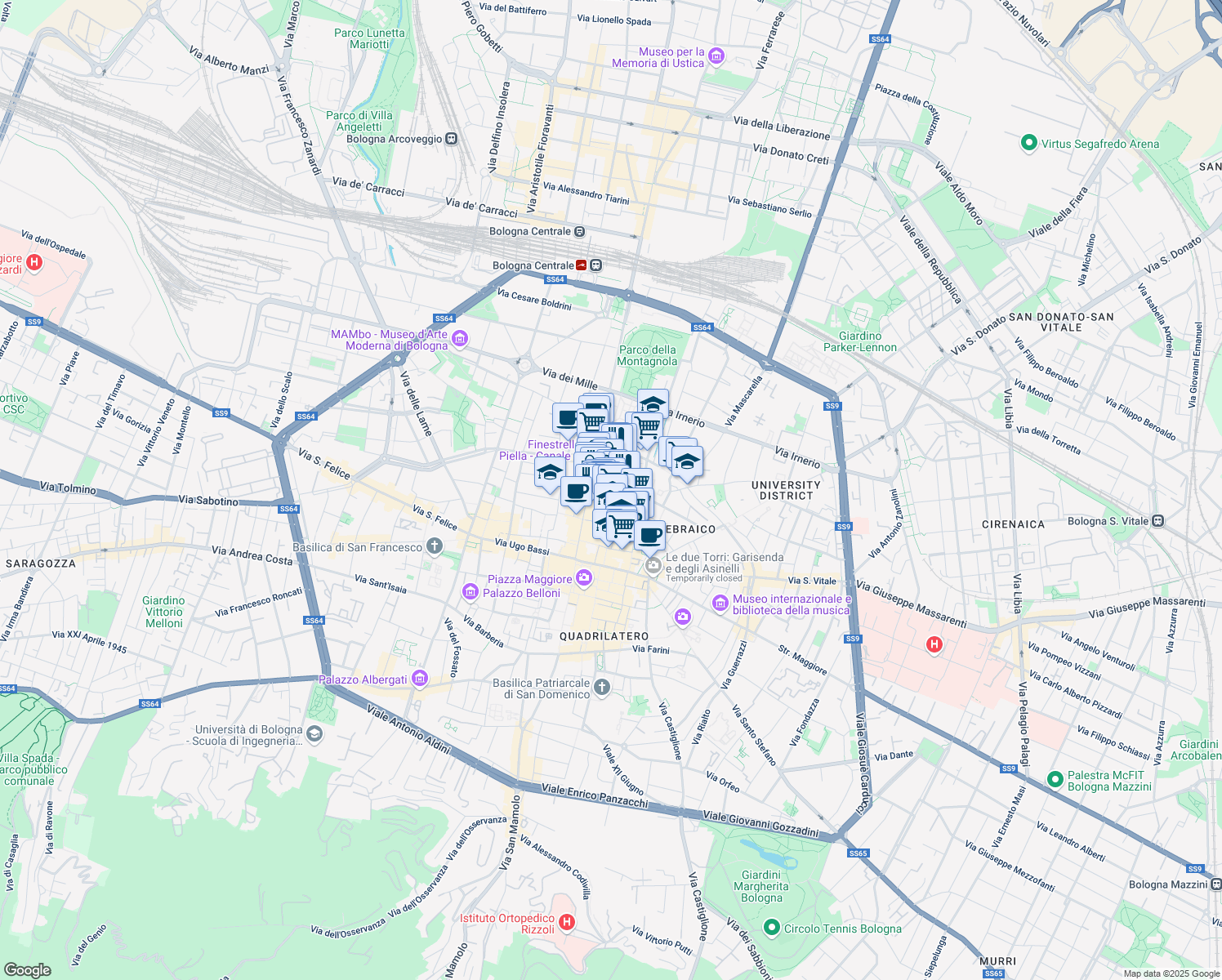 map of restaurants, bars, coffee shops, grocery stores, and more near 9 Via Goito in Bologna