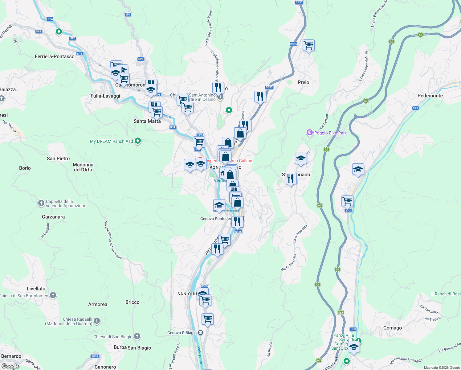 map of restaurants, bars, coffee shops, grocery stores, and more near 29R Via Guido Poli in Genova