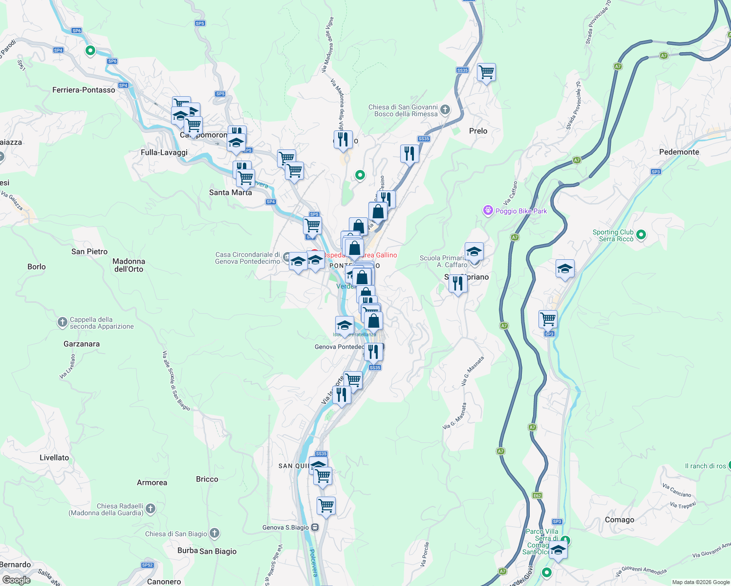 map of restaurants, bars, coffee shops, grocery stores, and more near 16 Via Guido Poli in Genoa