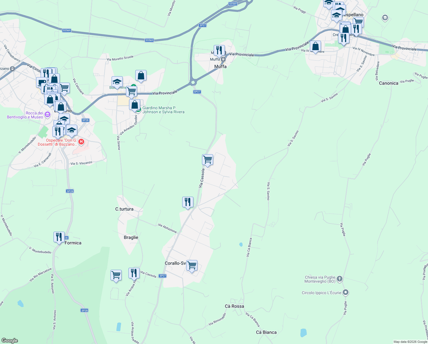 map of restaurants, bars, coffee shops, grocery stores, and more near 5/1 Via di Vagno Giuseppe in Corallo-Sveglia