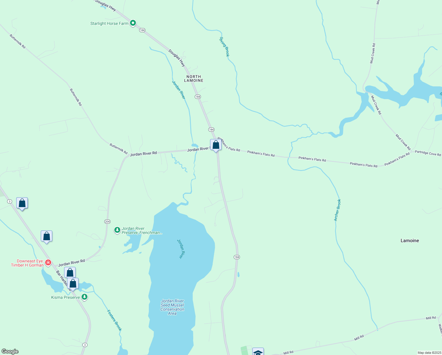 map of restaurants, bars, coffee shops, grocery stores, and more near 950 Douglas Highway in Lamoine