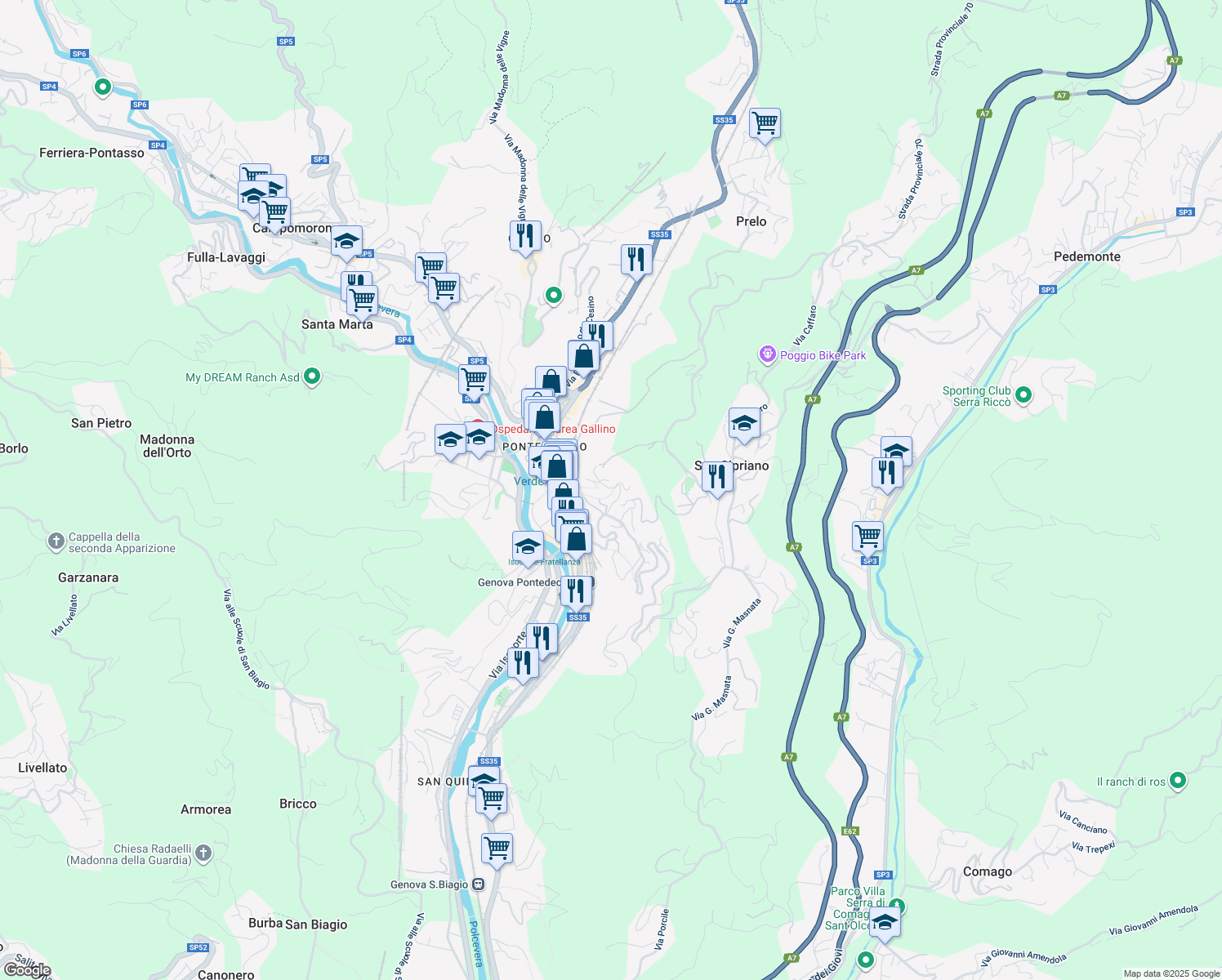 map of restaurants, bars, coffee shops, grocery stores, and more near 25 Via Pietro Dellepiane in Pedemonte