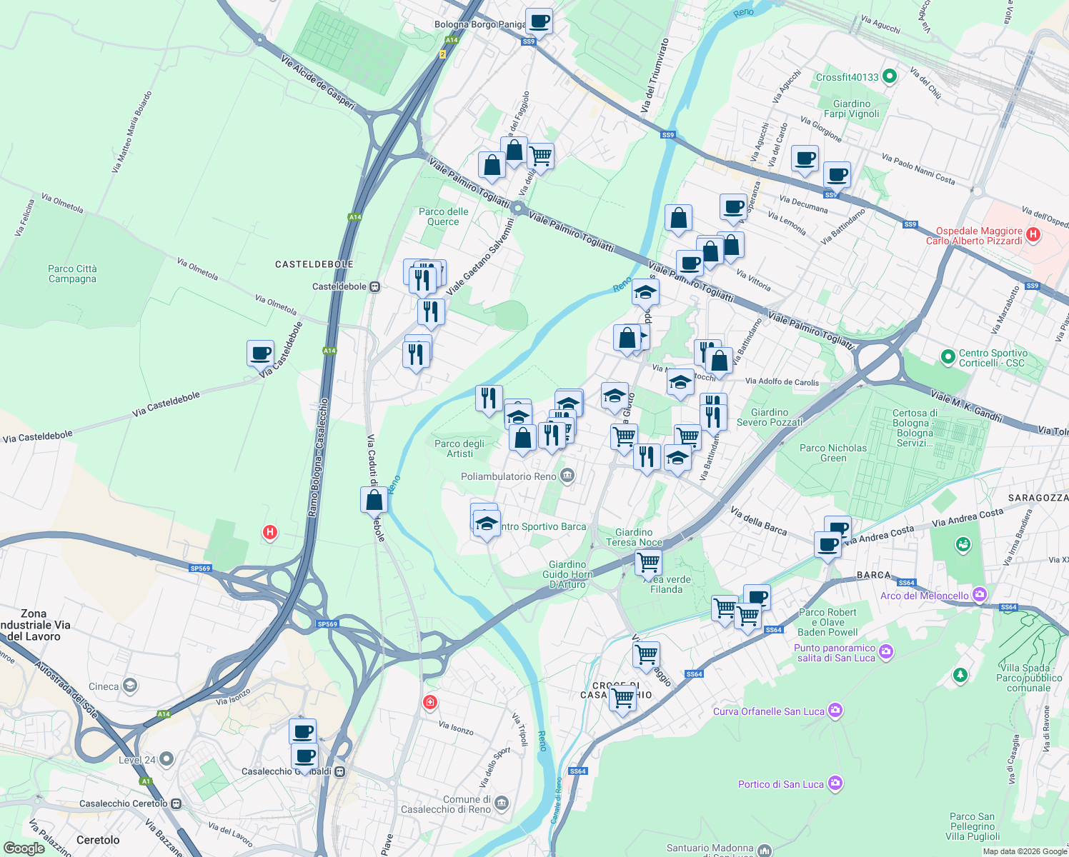 map of restaurants, bars, coffee shops, grocery stores, and more near 1-3 Via Riccardo Wagner in Bologna