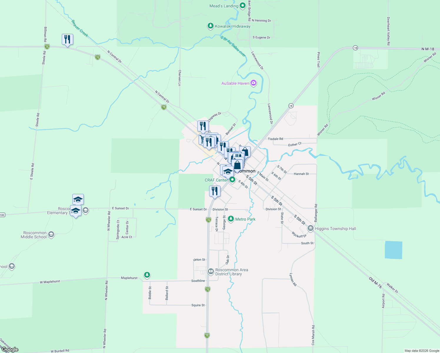 map of restaurants, bars, coffee shops, grocery stores, and more near 599 Brooks St in Roscommon