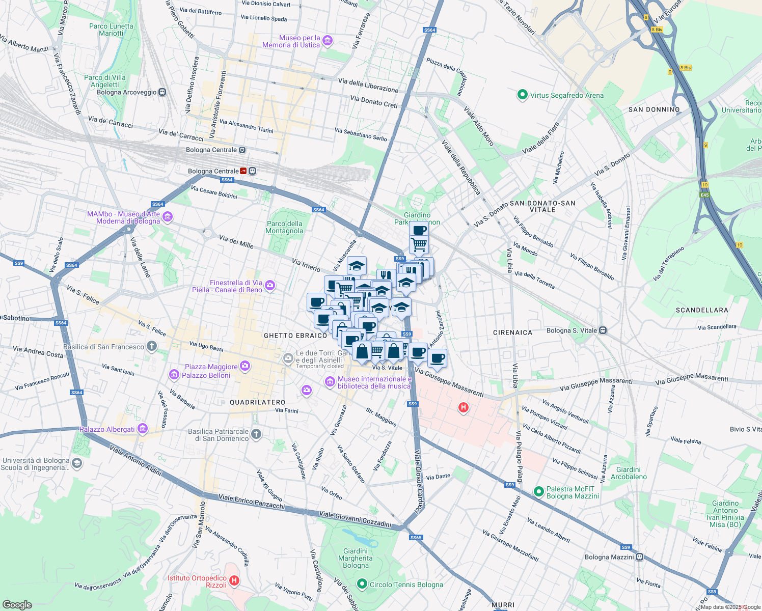 map of restaurants, bars, coffee shops, grocery stores, and more near 1 Piazza di Porta San Donato in Bologna