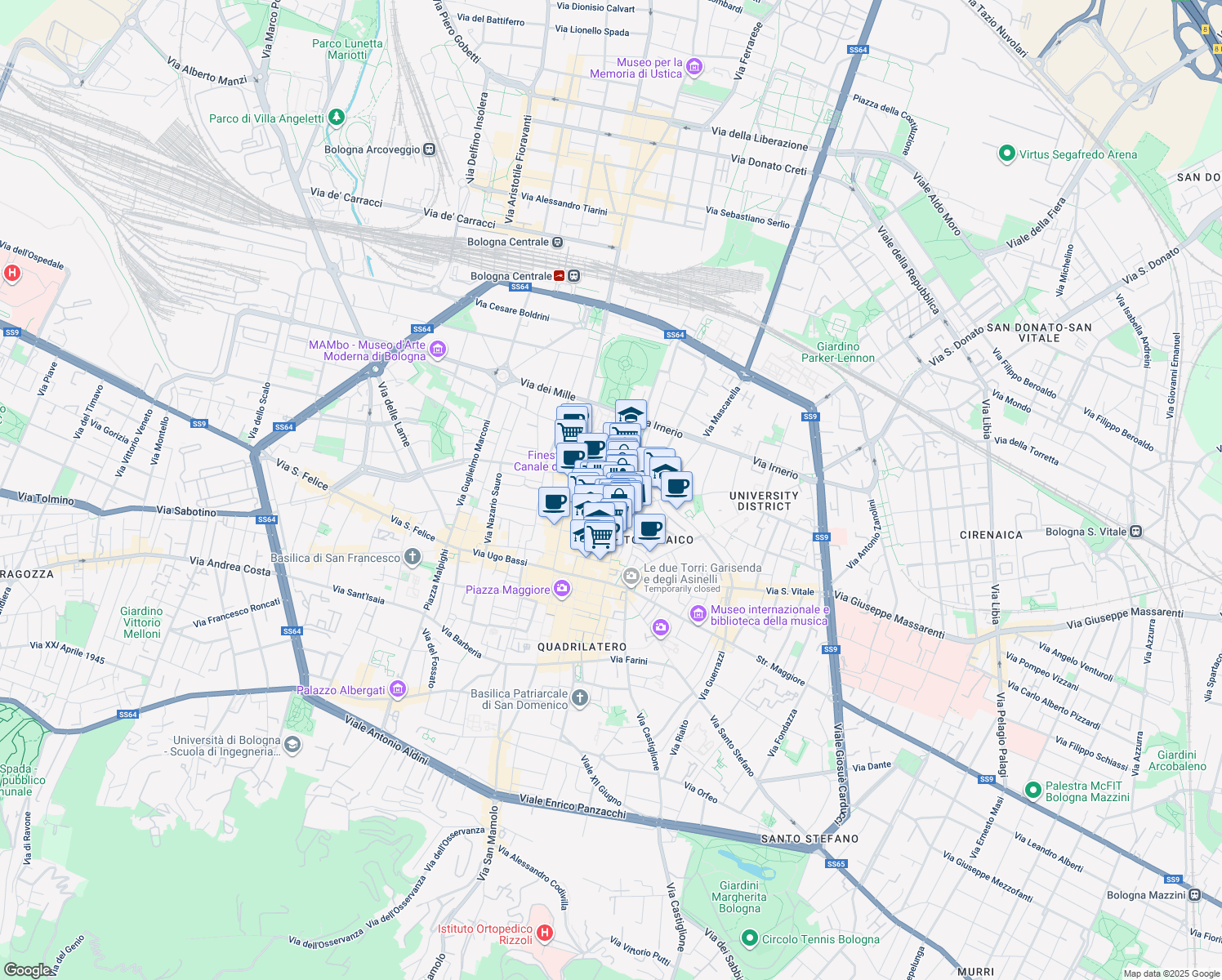 map of restaurants, bars, coffee shops, grocery stores, and more near 1 Via delle Oche in Bologna