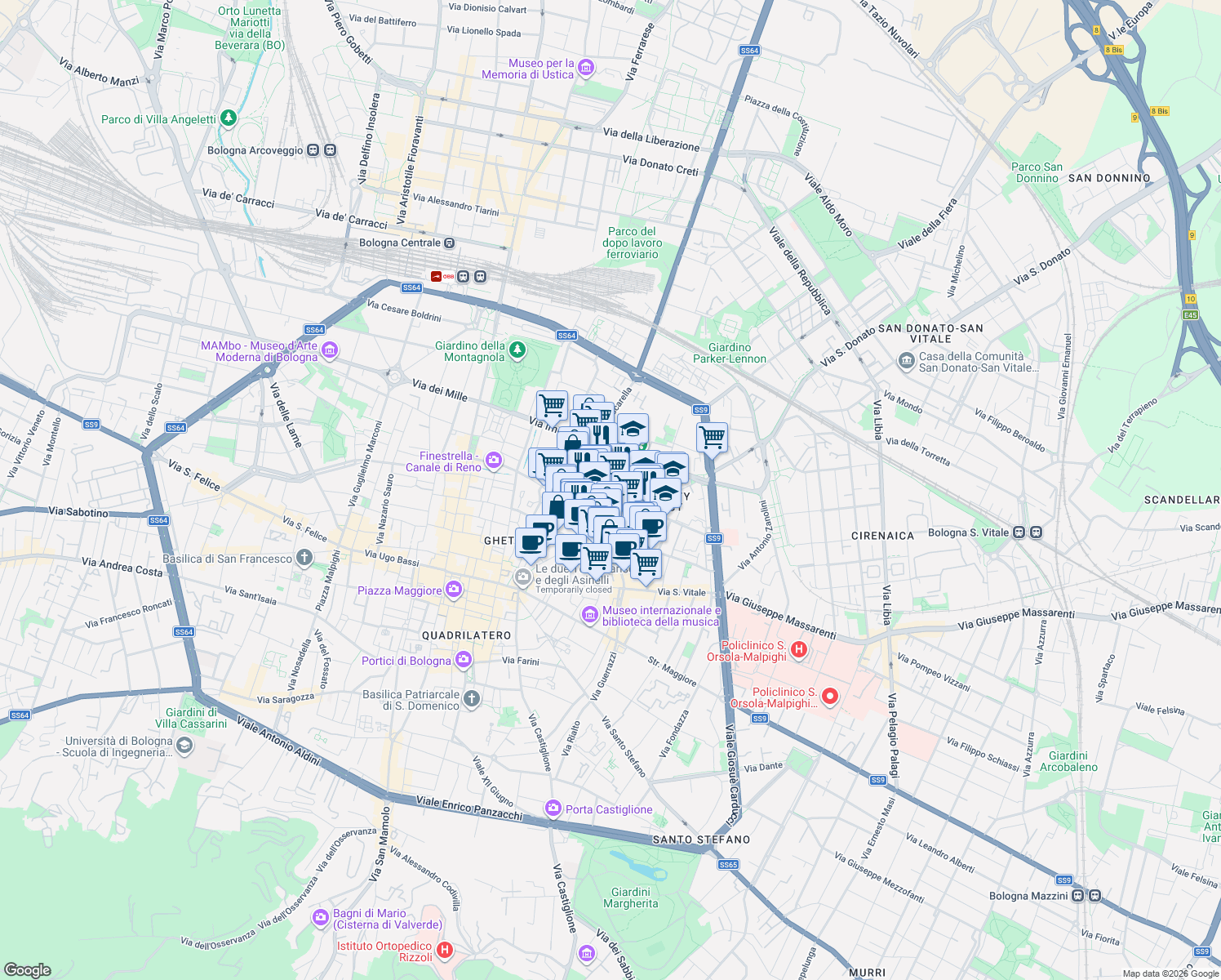 map of restaurants, bars, coffee shops, grocery stores, and more near 48 Via delle Belle Arti in Bologna