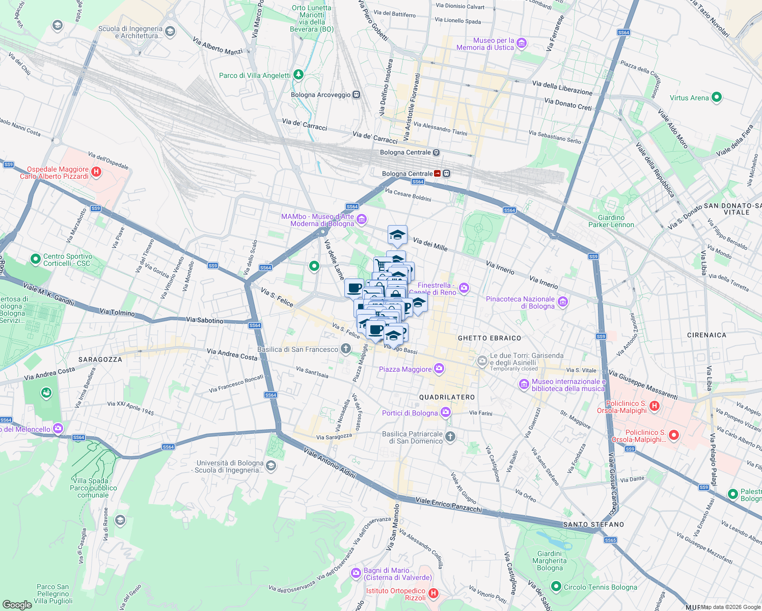 map of restaurants, bars, coffee shops, grocery stores, and more near 18 Via Guglielmo Marconi in Bologna