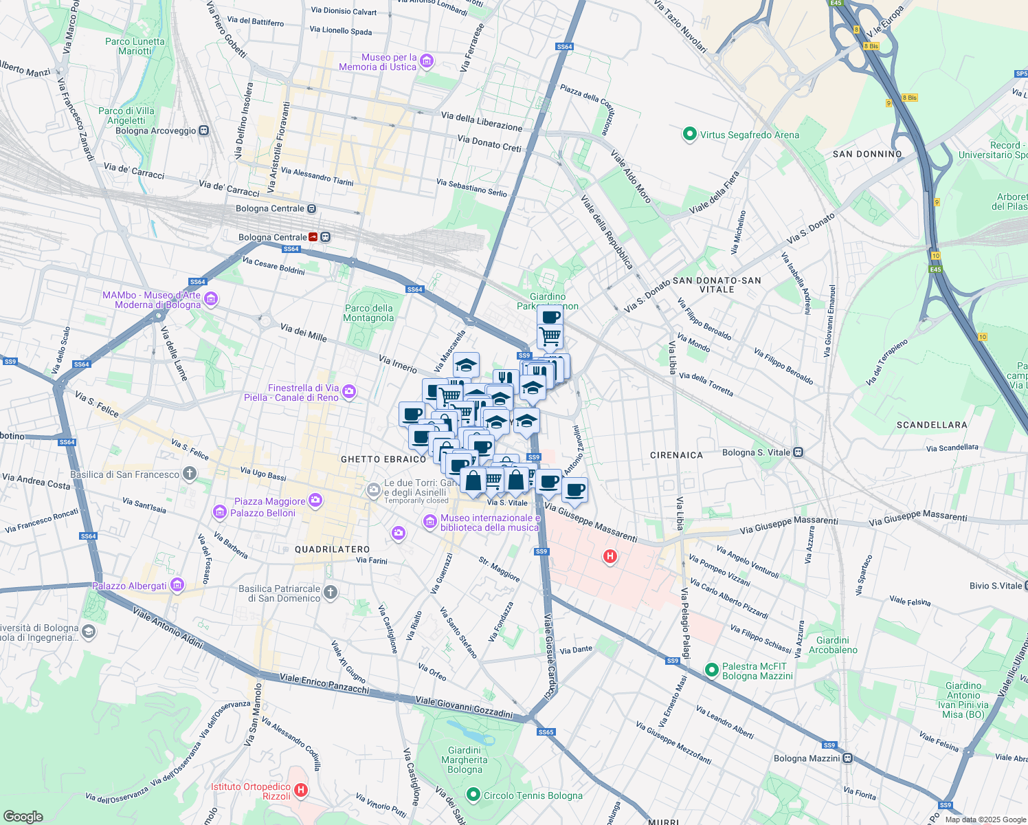 map of restaurants, bars, coffee shops, grocery stores, and more near 1 Piazza di Porta San Donato in Bologna