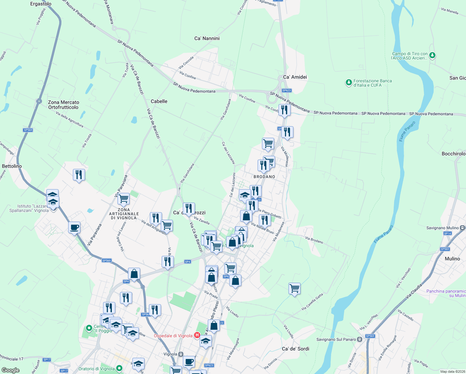 map of restaurants, bars, coffee shops, grocery stores, and more near 401 Via Massimo Bontempelli in Vignola