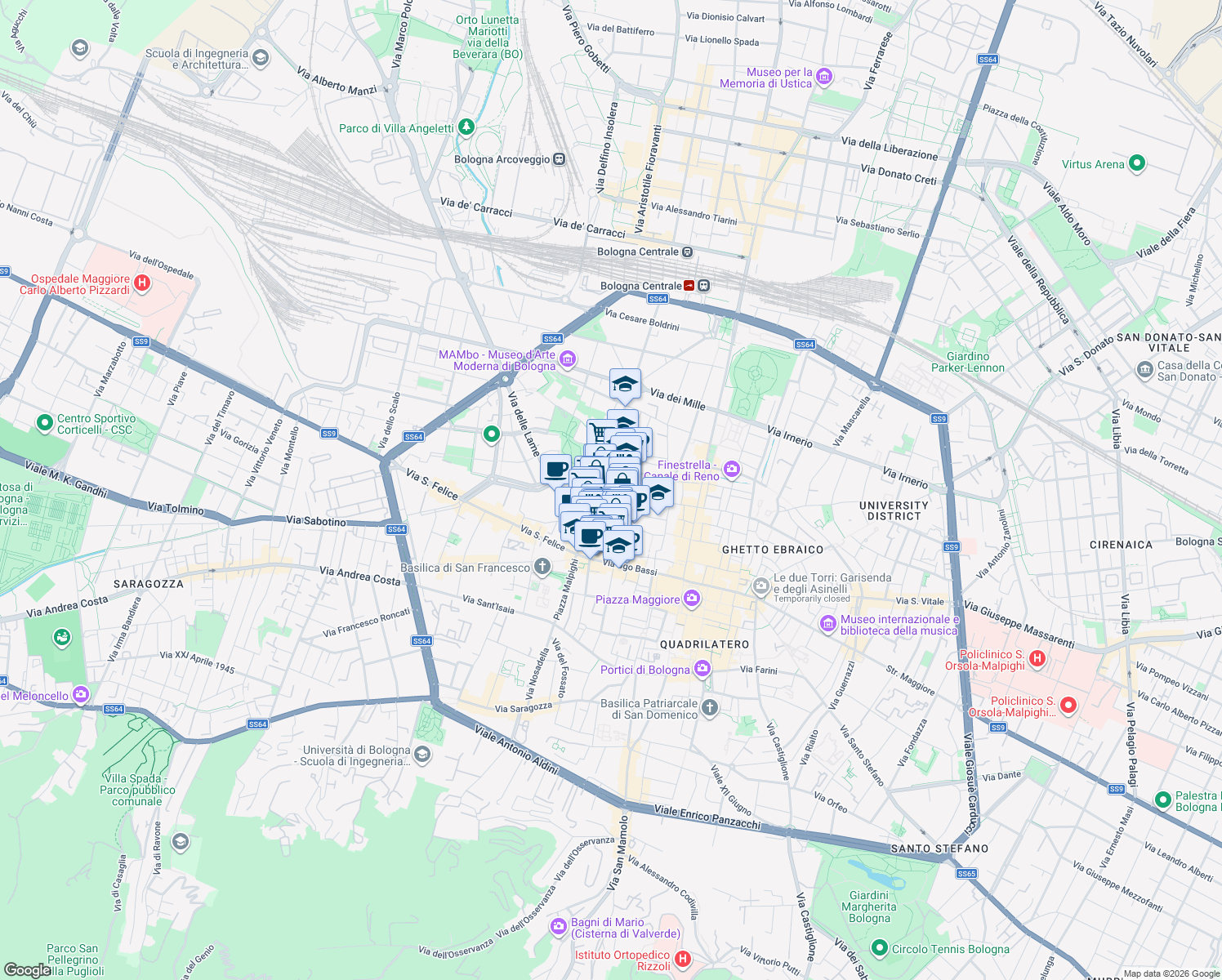 map of restaurants, bars, coffee shops, grocery stores, and more near 2 Via Giuseppe Grabinski in Bologna