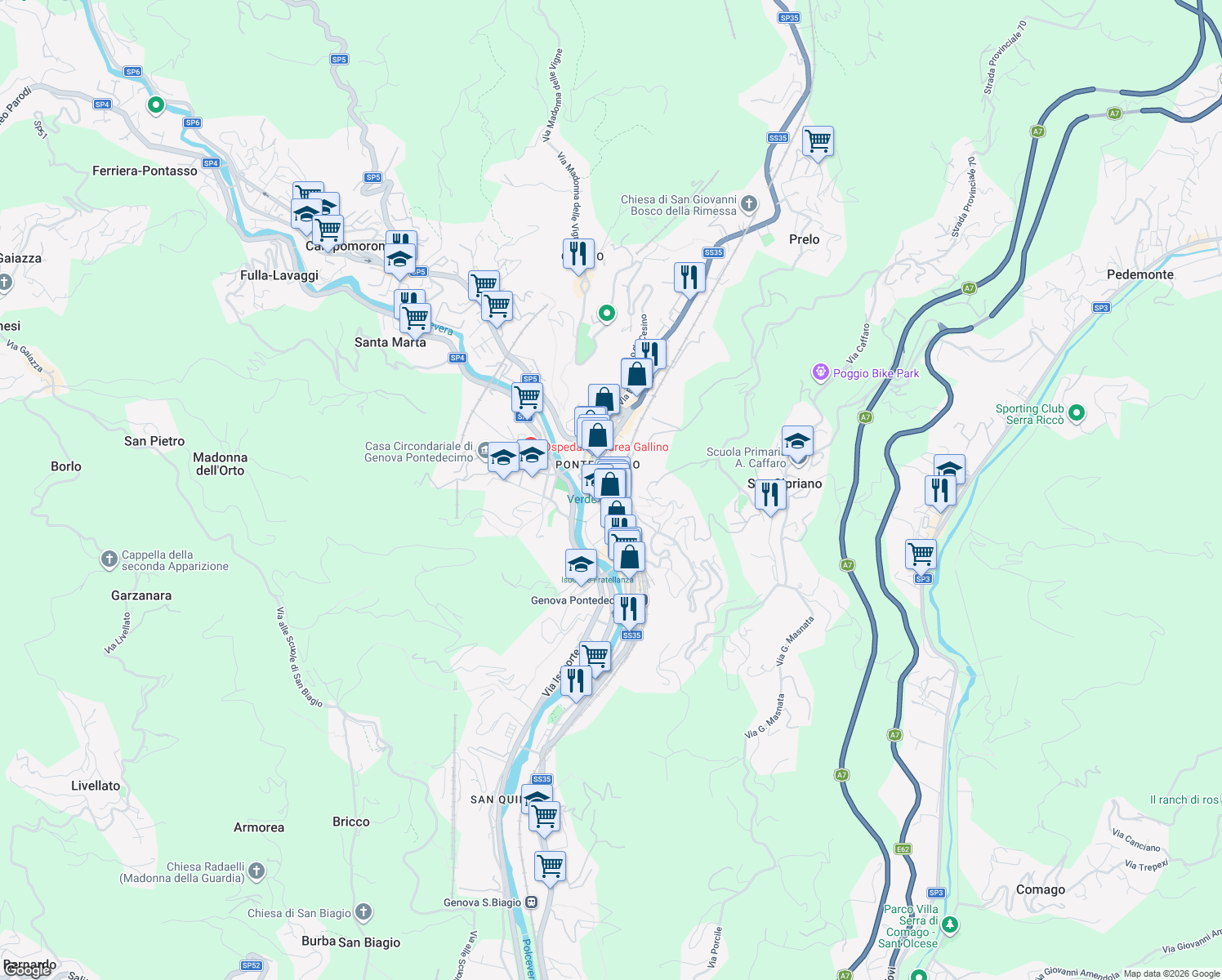 map of restaurants, bars, coffee shops, grocery stores, and more near 57 Ponte Dadomo Gaetano in Genova