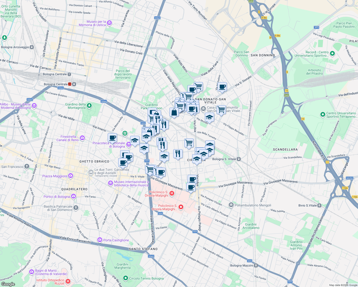 map of restaurants, bars, coffee shops, grocery stores, and more near 77 Via Paolo Fabbri in Bologna
