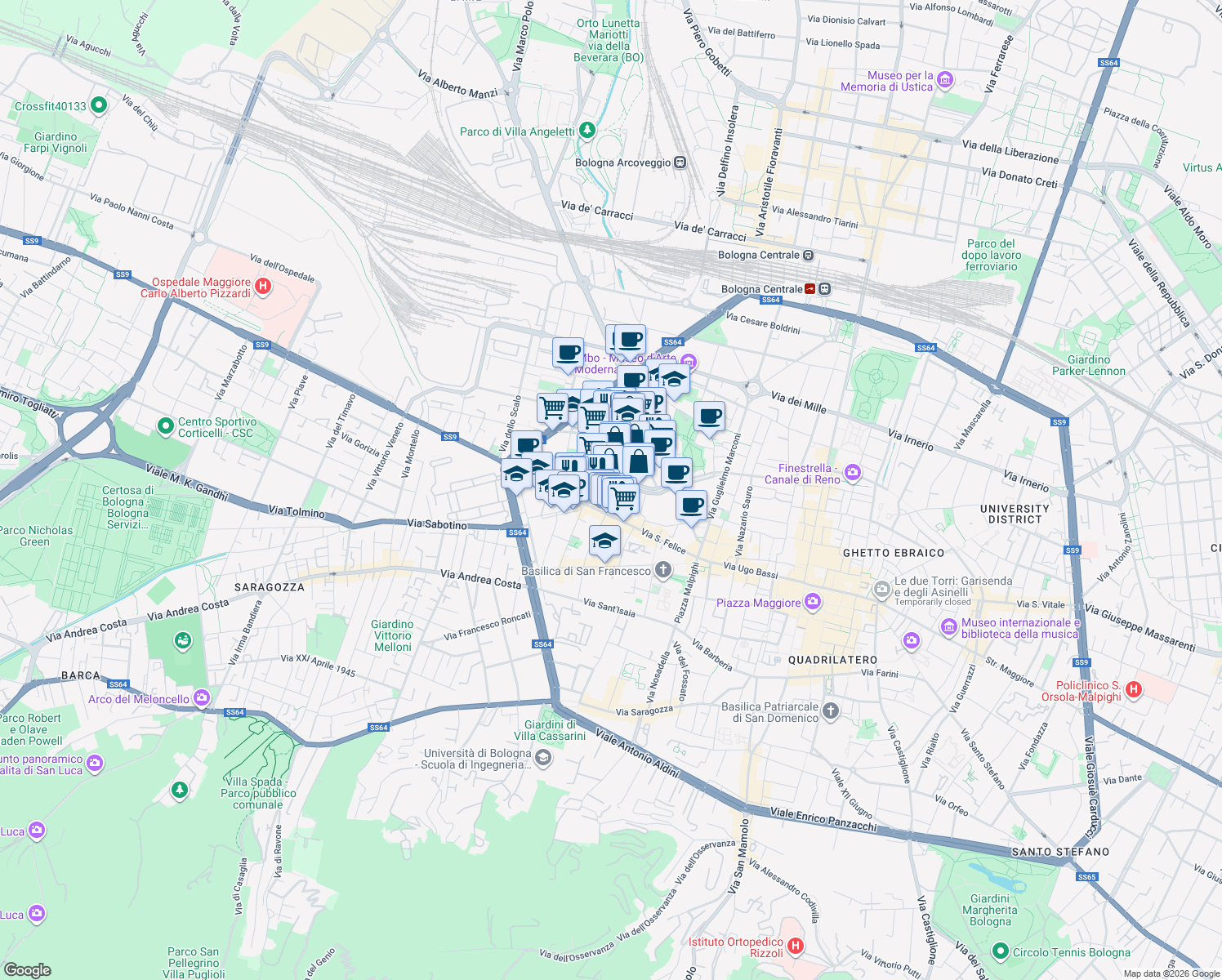 map of restaurants, bars, coffee shops, grocery stores, and more near 21 Piazza Manfredi Azzarita in Bologna