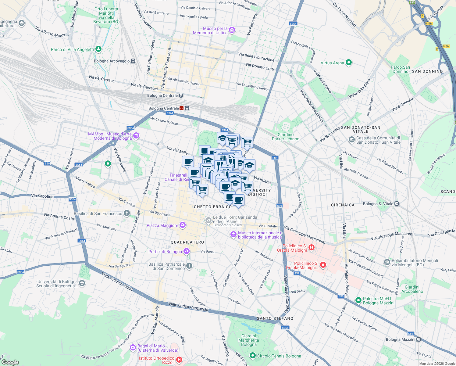 map of restaurants, bars, coffee shops, grocery stores, and more near 25 Via del Borgo di San Pietro in Bologna