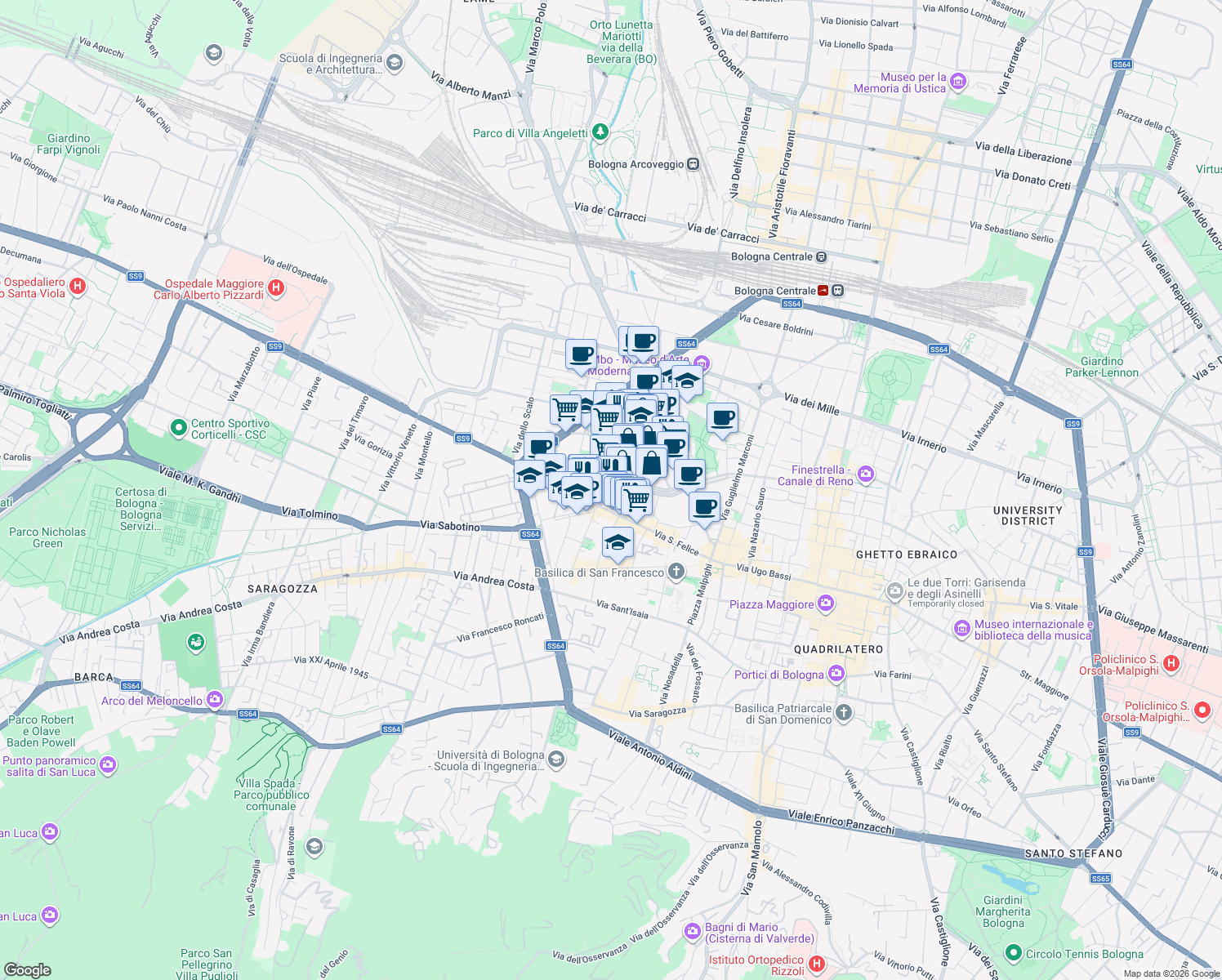 map of restaurants, bars, coffee shops, grocery stores, and more near 21 Piazza Manfredi Azzarita in Bologna