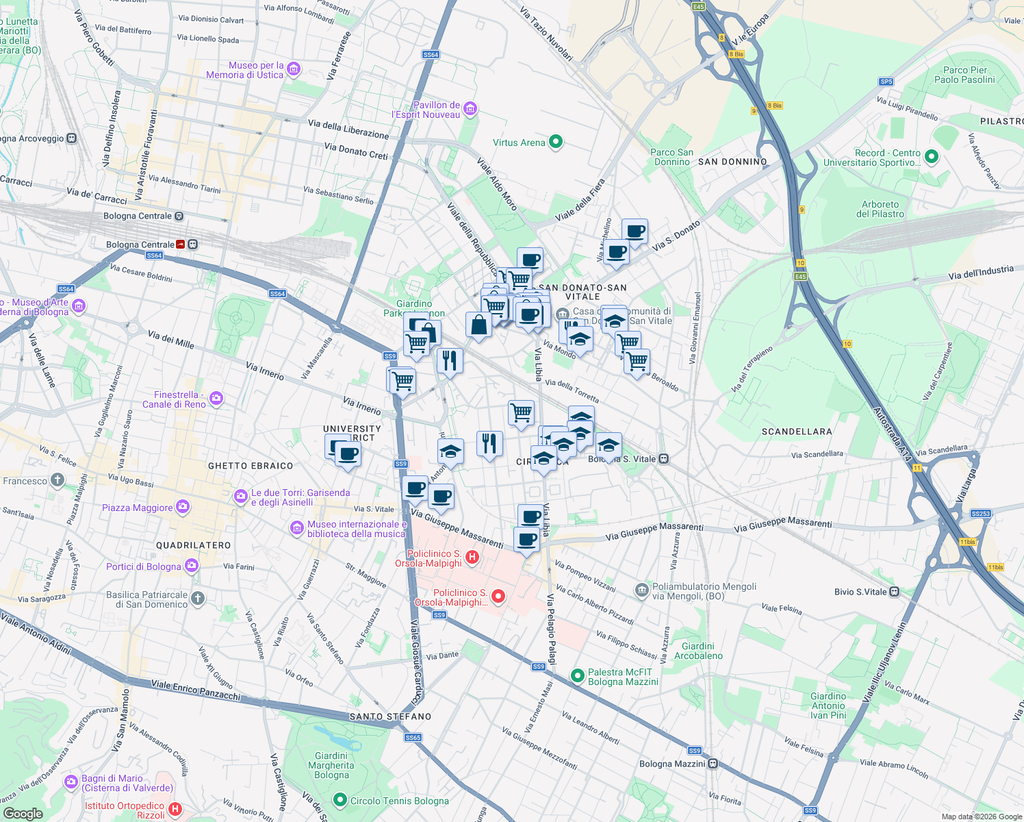 map of restaurants, bars, coffee shops, grocery stores, and more near 70 Via Giuseppe Bentivogli in Bologna