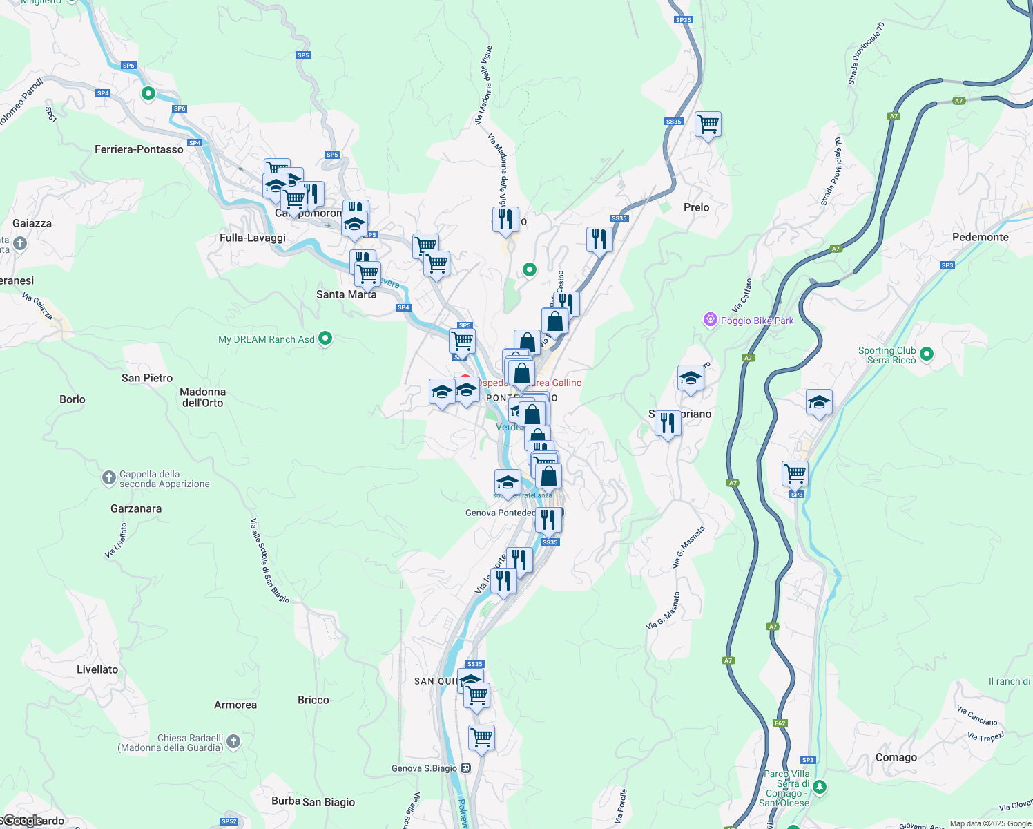 map of restaurants, bars, coffee shops, grocery stores, and more near SP35 in Genova