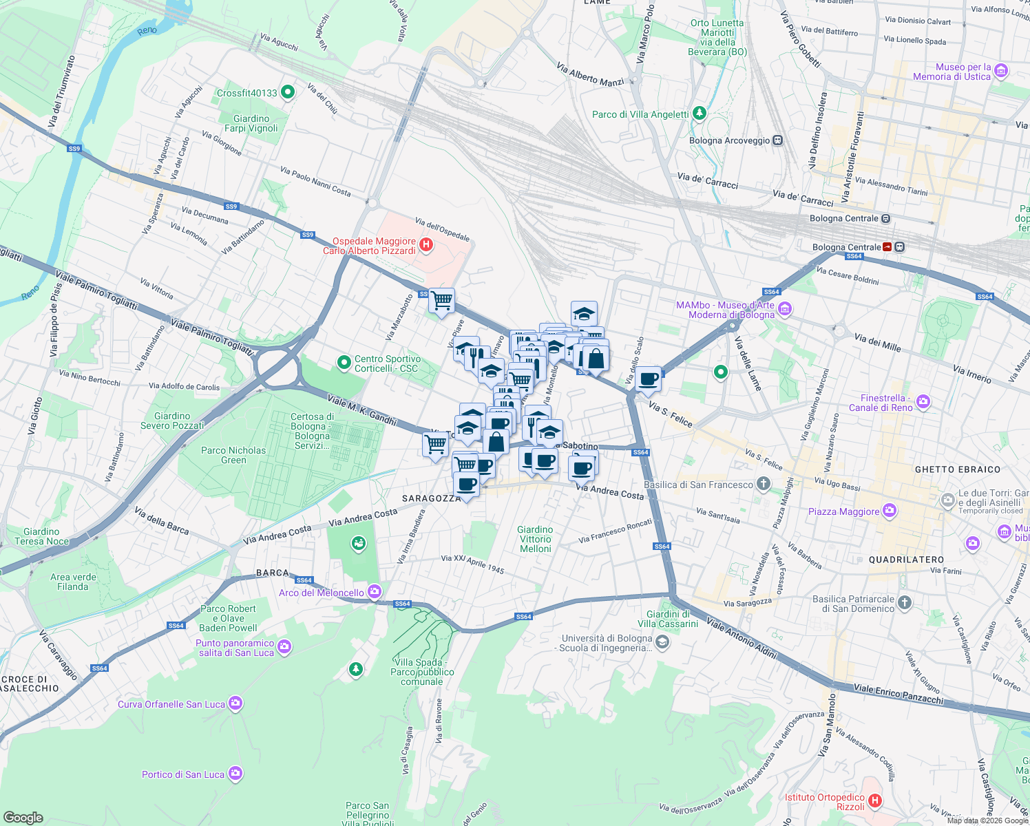 map of restaurants, bars, coffee shops, grocery stores, and more near 20 Via Vittorio Veneto in Bologna