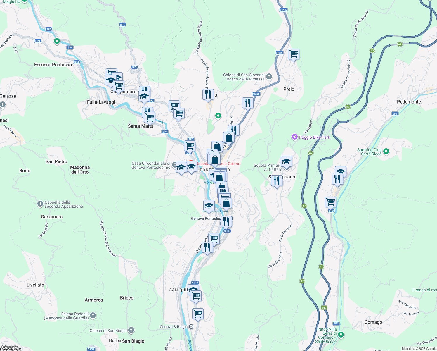 map of restaurants, bars, coffee shops, grocery stores, and more near 57 Ponte Dadomo Gaetano in Genova