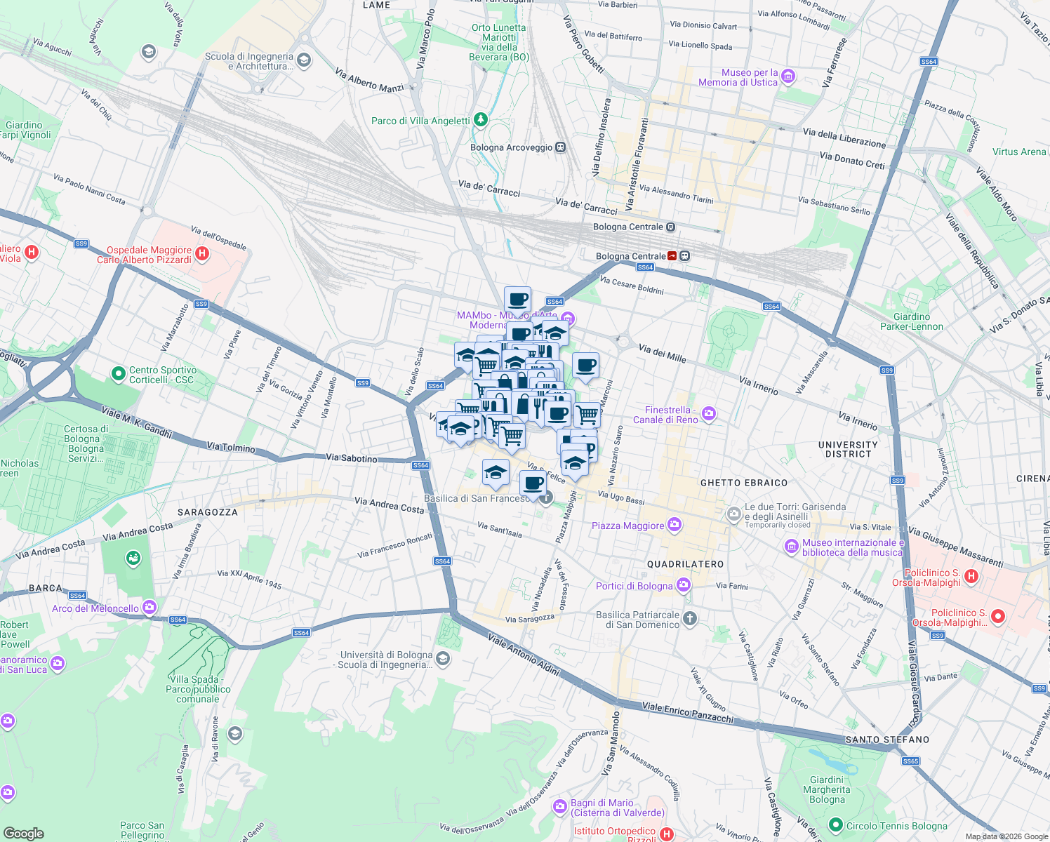 map of restaurants, bars, coffee shops, grocery stores, and more near 29 Via Riva di Reno in Bologna