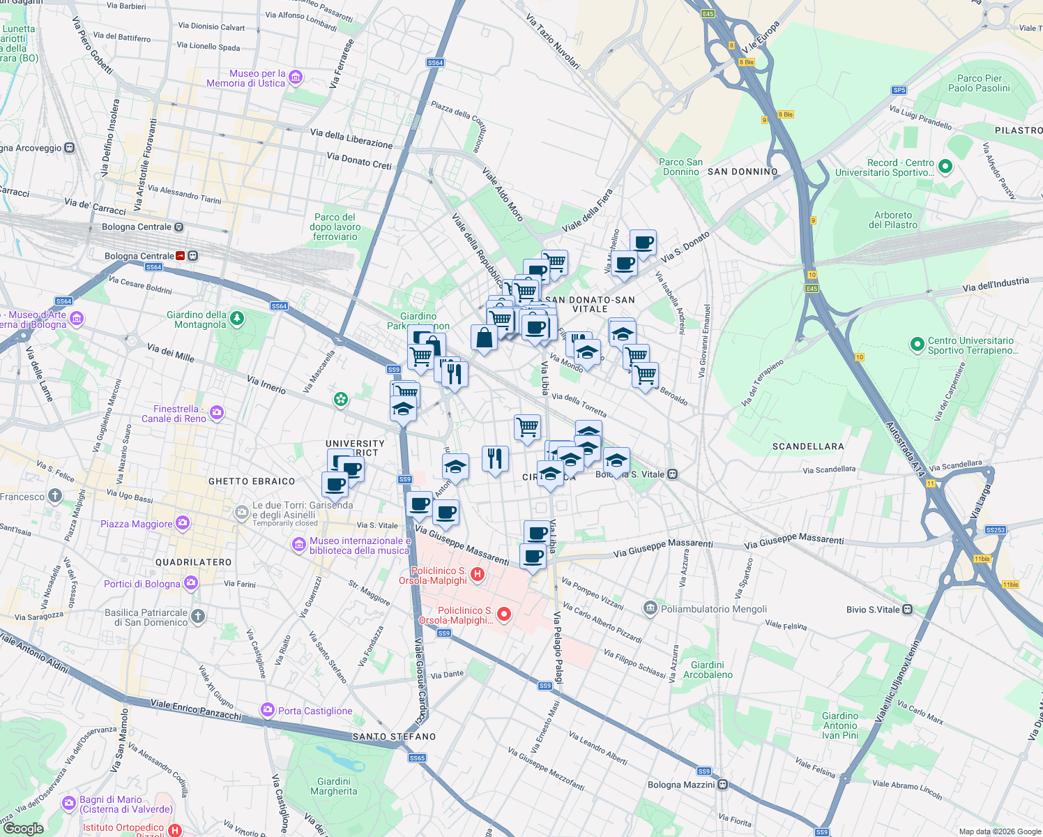 map of restaurants, bars, coffee shops, grocery stores, and more near 129 Via Giuseppe Bentivogli in Bologna