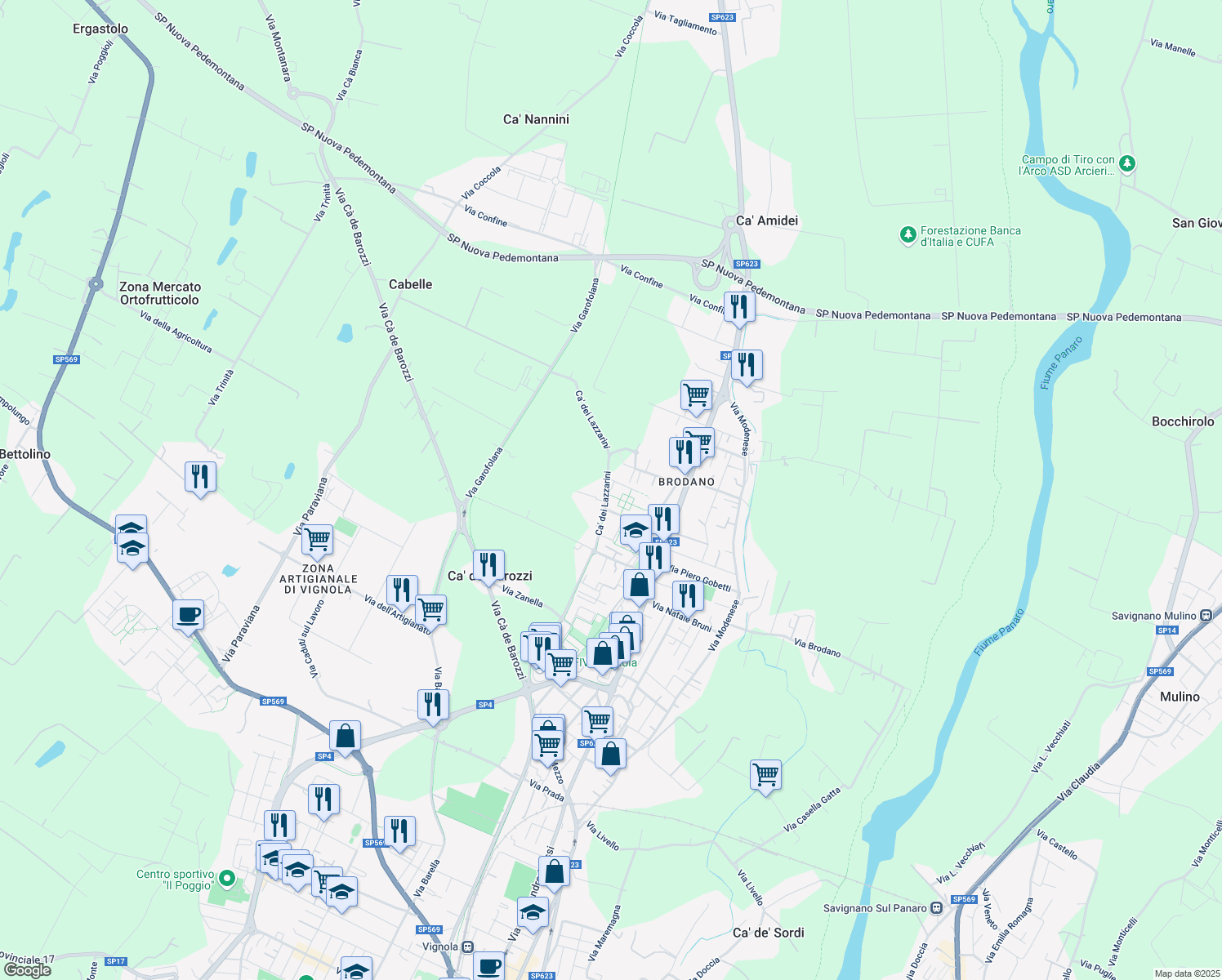 map of restaurants, bars, coffee shops, grocery stores, and more near 277 Via Cà dei Lazzarini in Province of Modena