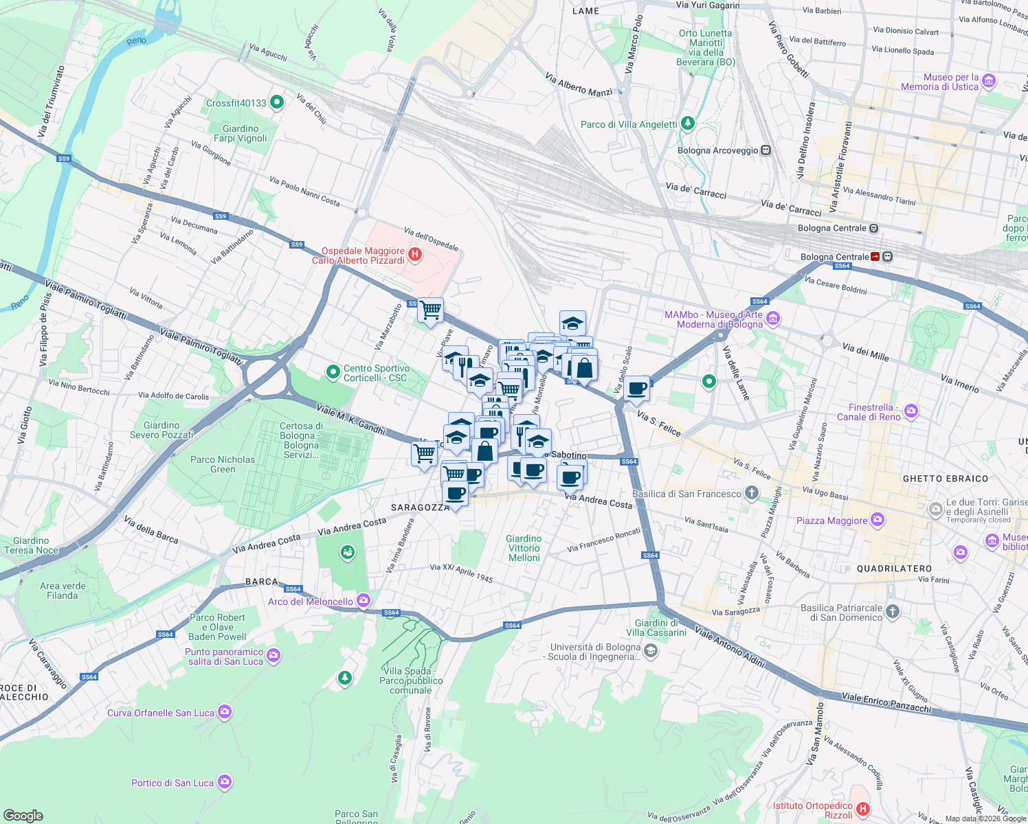 map of restaurants, bars, coffee shops, grocery stores, and more near 20 Via Vittorio Veneto in Bologna