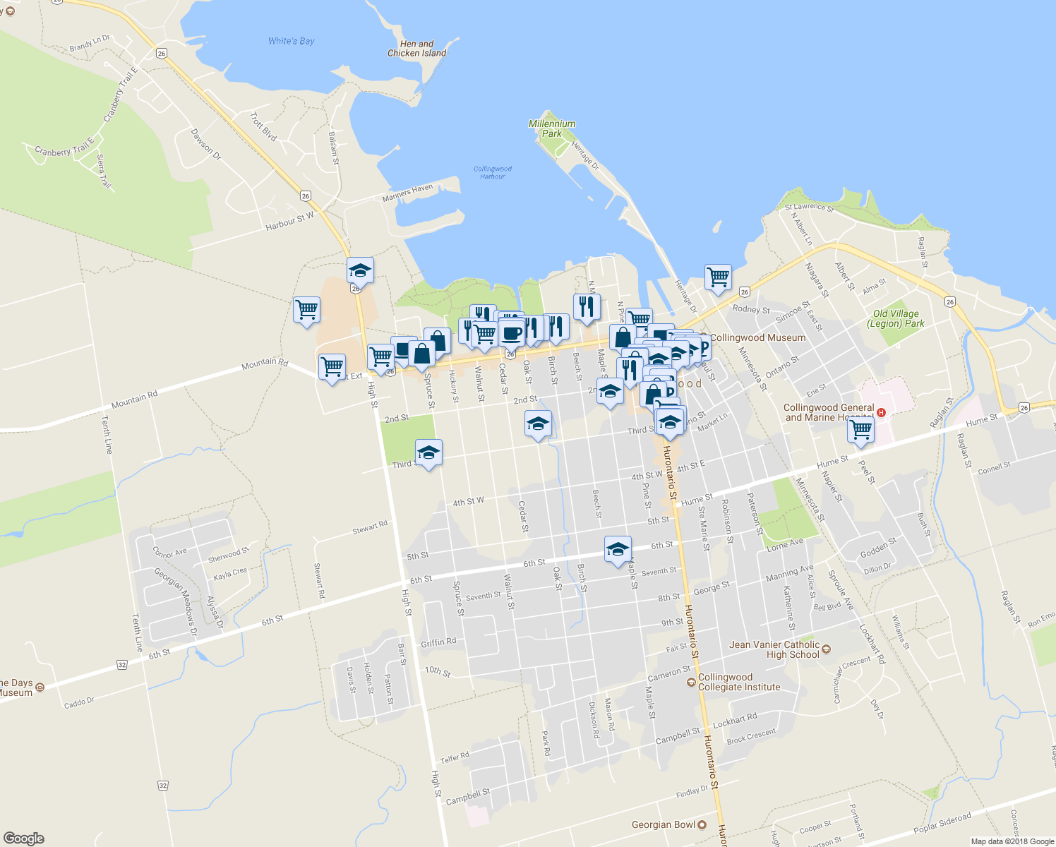 map of restaurants, bars, coffee shops, grocery stores, and more near 136 Oak Street in Collingwood