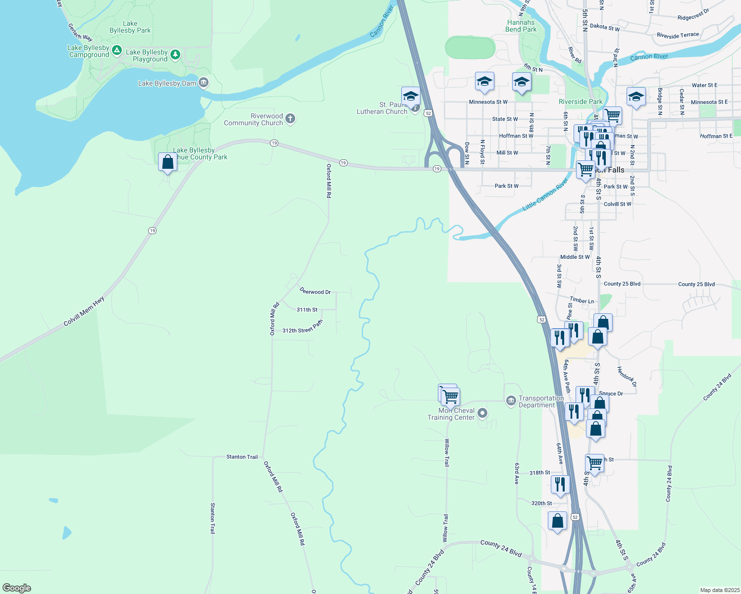 map of restaurants, bars, coffee shops, grocery stores, and more near 30896 56th Avenue Way in Cannon Falls