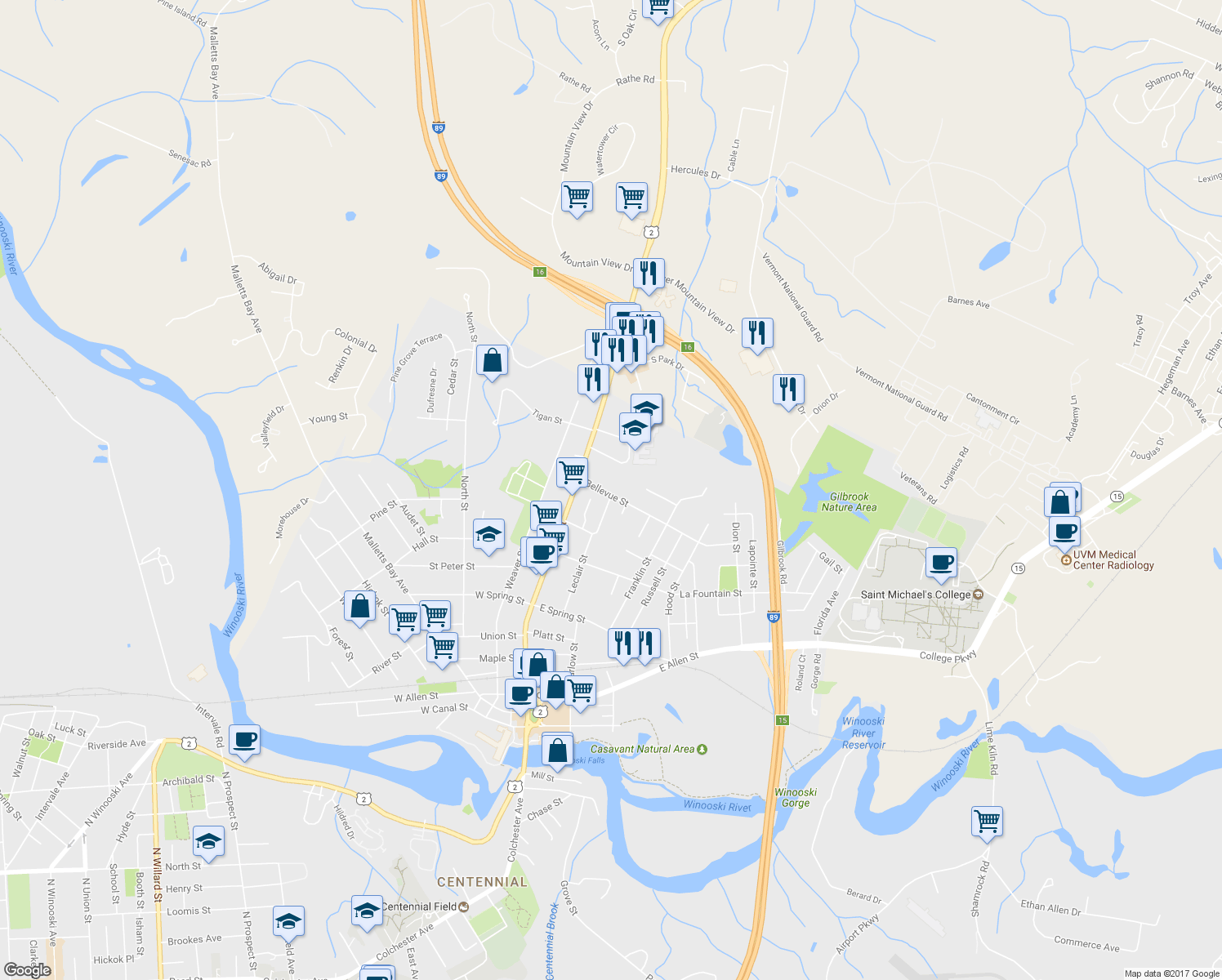 map of restaurants, bars, coffee shops, grocery stores, and more near 29 Bellevue Street in Winooski