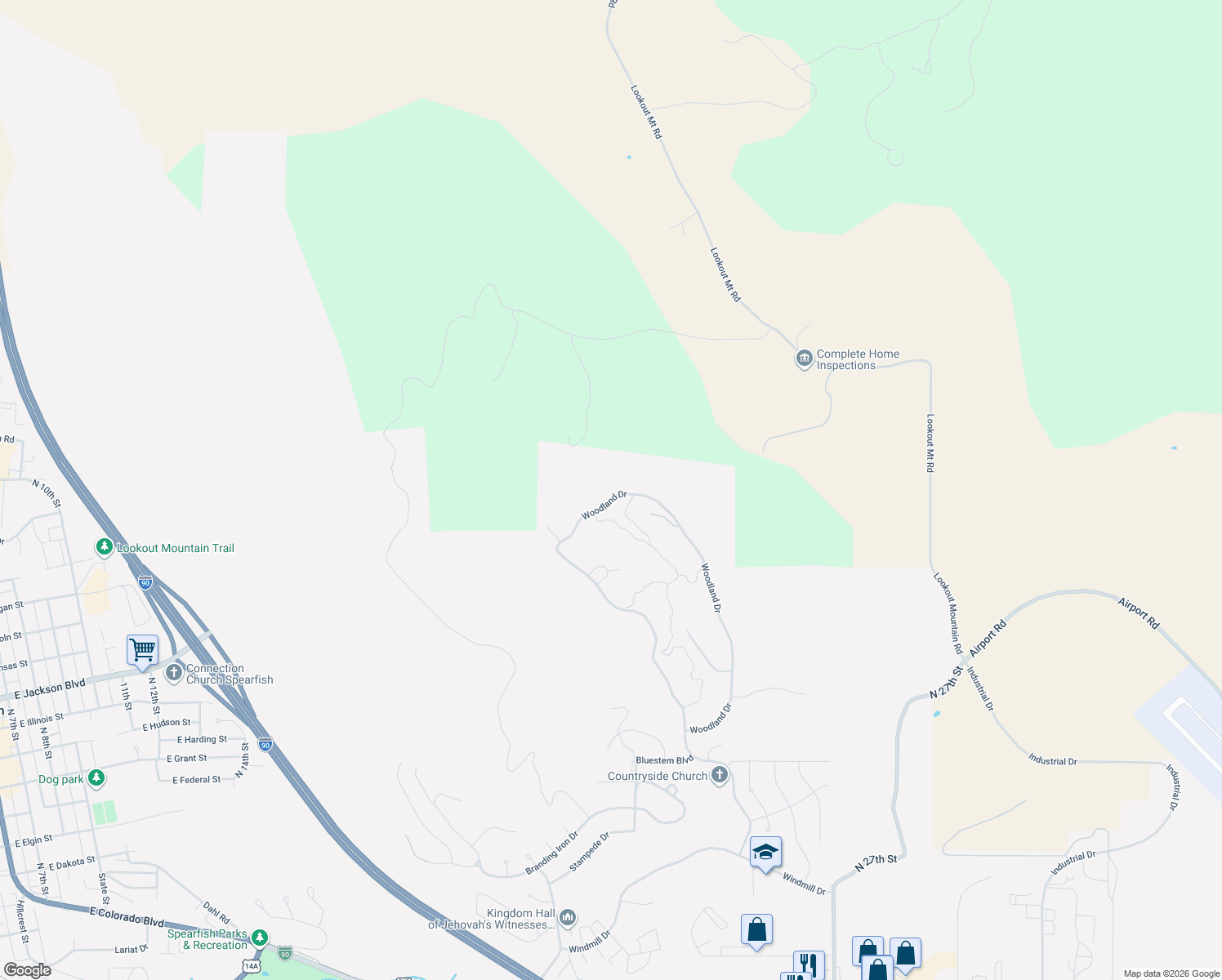 map of restaurants, bars, coffee shops, grocery stores, and more near 1247 Woodland Drive in Spearfish