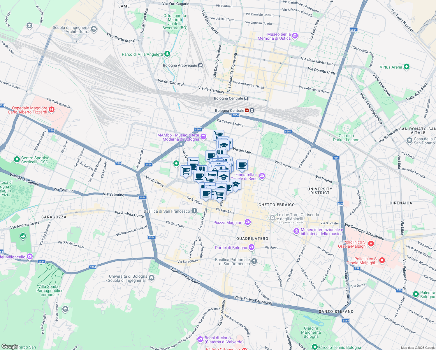 map of restaurants, bars, coffee shops, grocery stores, and more near 2 Via Giuseppe Grabinski in Bologna