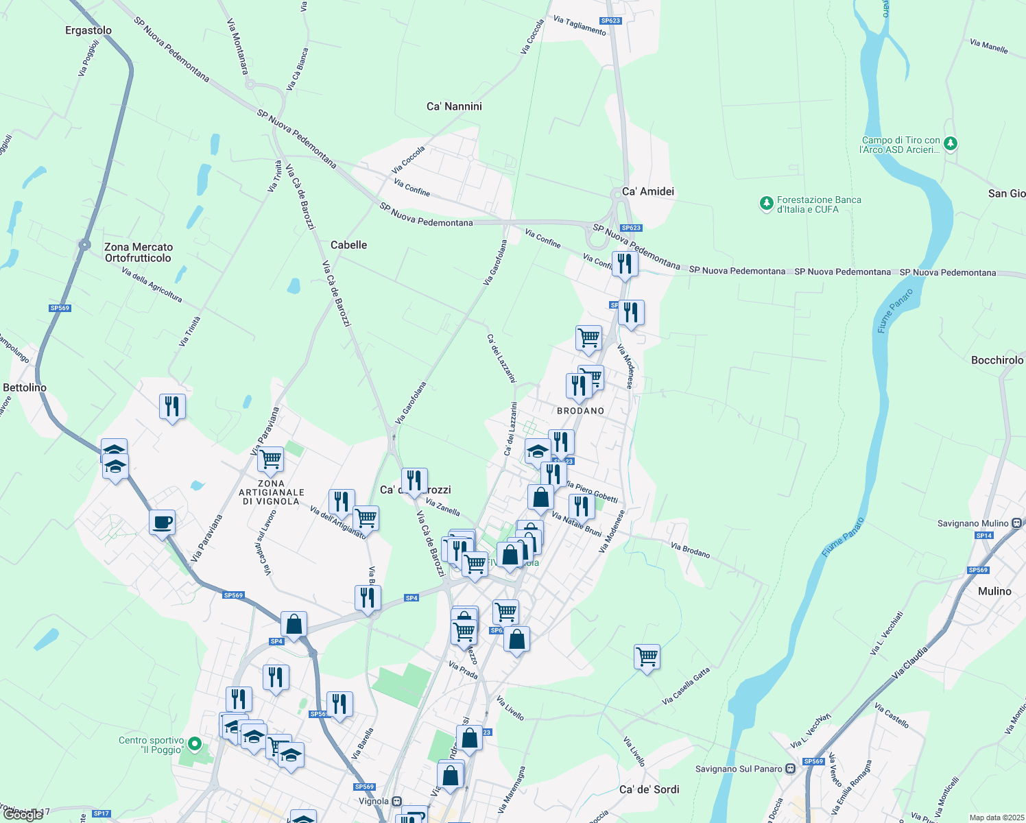 map of restaurants, bars, coffee shops, grocery stores, and more near 277 Ca' Dei Lazzarini in Provincia di Modena