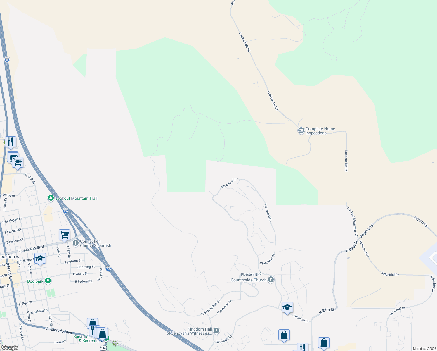 map of restaurants, bars, coffee shops, grocery stores, and more near 1247 Woodland Drive in Spearfish