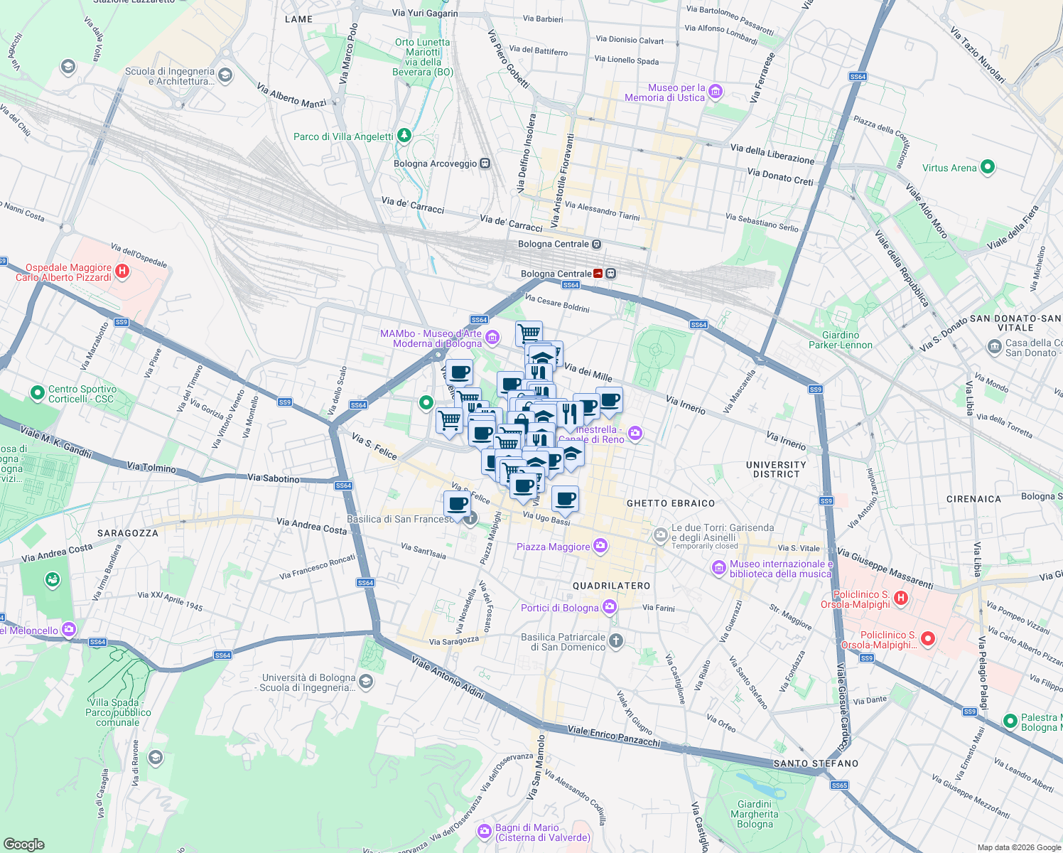 map of restaurants, bars, coffee shops, grocery stores, and more near 2 Via Giuseppe Grabinski in Bologna