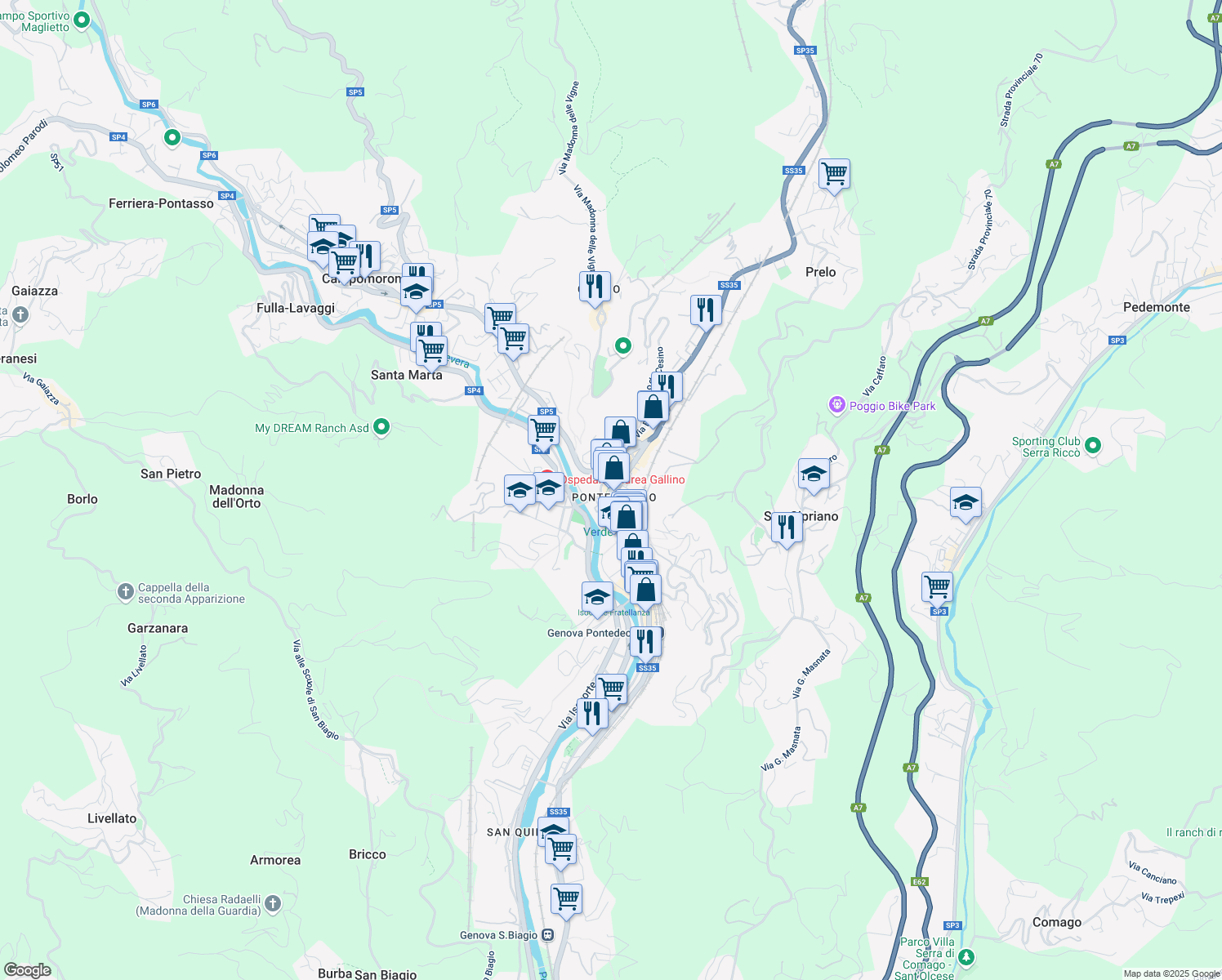 map of restaurants, bars, coffee shops, grocery stores, and more near Strada Provinciale 35 dei Giovi in Città Metropolitana di Genova