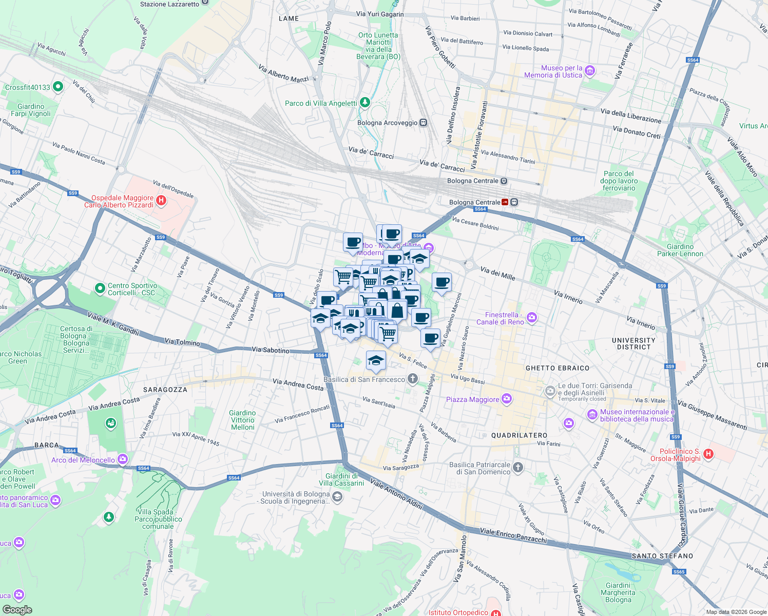 map of restaurants, bars, coffee shops, grocery stores, and more near 21 Piazza Manfredi Azzarita in Bologna