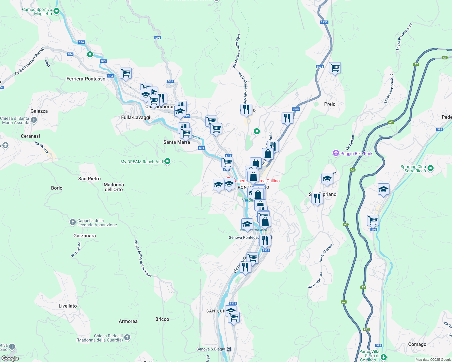 map of restaurants, bars, coffee shops, grocery stores, and more near 14 Via Pieve di Cadore in Genoa