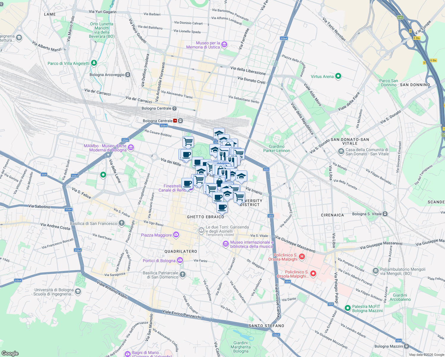 map of restaurants, bars, coffee shops, grocery stores, and more near 18A Via Irnerio in Bologna
