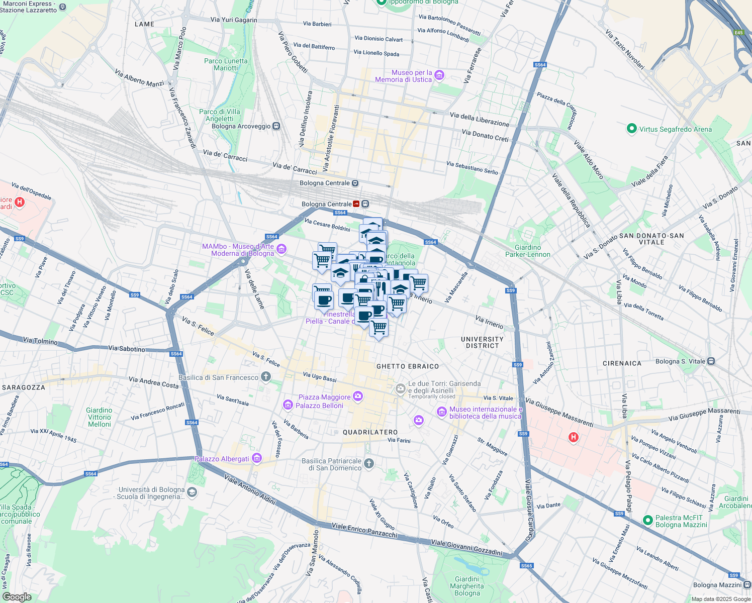 map of restaurants, bars, coffee shops, grocery stores, and more near 56 Via dell'Indipendenza in Bologna