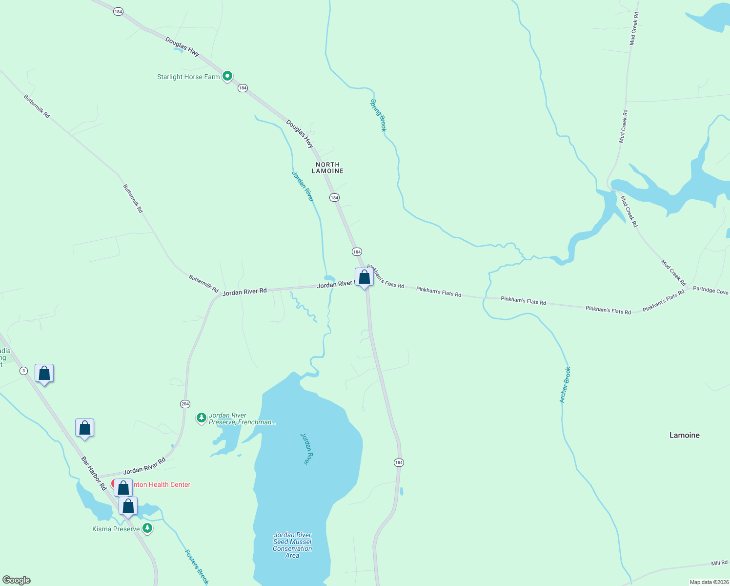 map of restaurants, bars, coffee shops, grocery stores, and more near 624 Douglas Highway in Lamoine